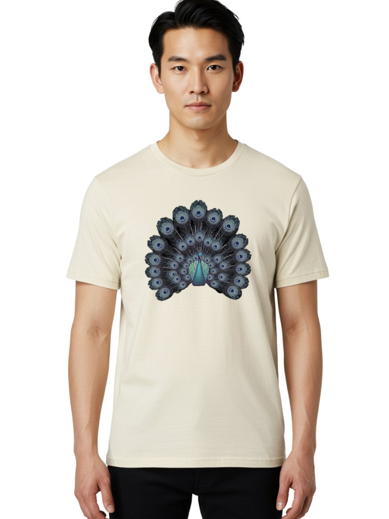 Peacock-5 Men'S Graphic Tee, 100% Cotton, Comfortable Casual Summer Wear, Machine Washable, Peacock, Blue Feathers, Feathers Spread, Bird Display, Eye-Catching, Iridescent, Blue Eyes, Feathered Friend, Nature'S Beauty, Majestic Bird Bab099 19