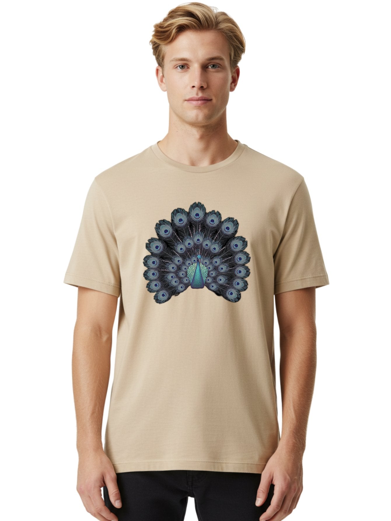 Peacock-5 Men'S Graphic Tee, 100% Cotton, Comfortable Casual Summer Wear, Machine Washable, Peacock, Blue Feathers, Feathers Spread, Bird Display, Eye-Catching, Iridescent, Blue Eyes, Feathered Friend, Nature'S Beauty, Majestic Bird Bab099 25