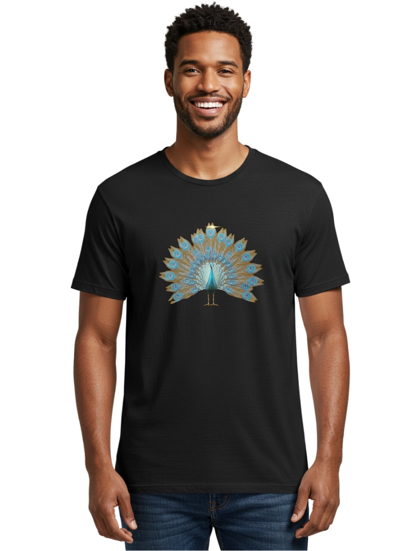 Peacock-9 Men'S Graphic Tee, 100% Cotton, Comfortable Casual Summer Wear, Machine Washable, Peacock Display, Vibrant Blue Feathers, Eye-Catching Plumage, Majestic Bird, Nature'S Beauty, Stunning Colors, Ornate Tail Feathers, Bird Of Paradise Bab103 20