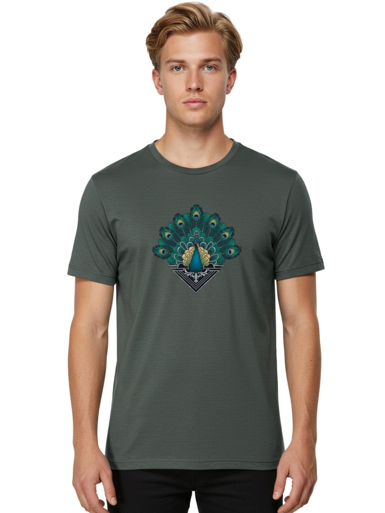 Peacock-Design Men'S Graphic Tee, 100% Cotton, Comfortable Casual Summer Wear, Machine Washable, Peacock, Vibrant Plumage, Blue And Gold Feathers, Ornate Design, Majestic Bird, Display Of Feathers, Symbolic Beauty, Elegant Pattern Bab104 24