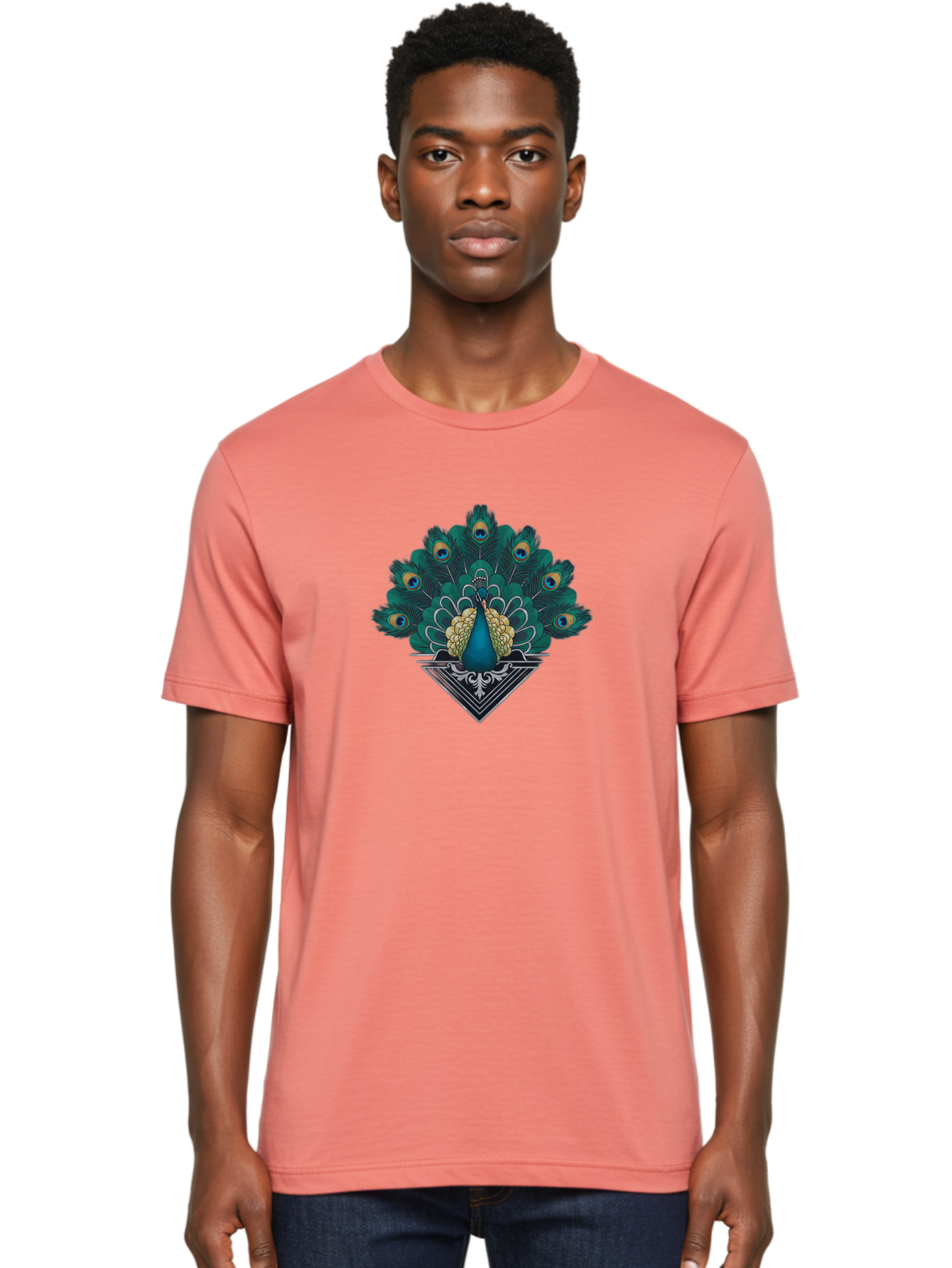 Peacock-Design Men'S Graphic Tee, 100% Cotton, Comfortable Casual Summer Wear, Machine Washable, Peacock, Vibrant Plumage, Blue And Gold Feathers, Ornate Design, Majestic Bird, Display Of Feathers, Symbolic Beauty, Elegant Pattern Bab104