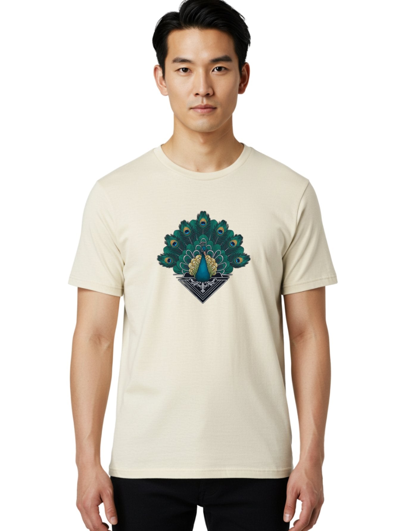 Peacock-Design Men'S Graphic Tee, 100% Cotton, Comfortable Casual Summer Wear, Machine Washable, Peacock, Vibrant Plumage, Blue And Gold Feathers, Ornate Design, Majestic Bird, Display Of Feathers, Symbolic Beauty, Elegant Pattern Bab104 22