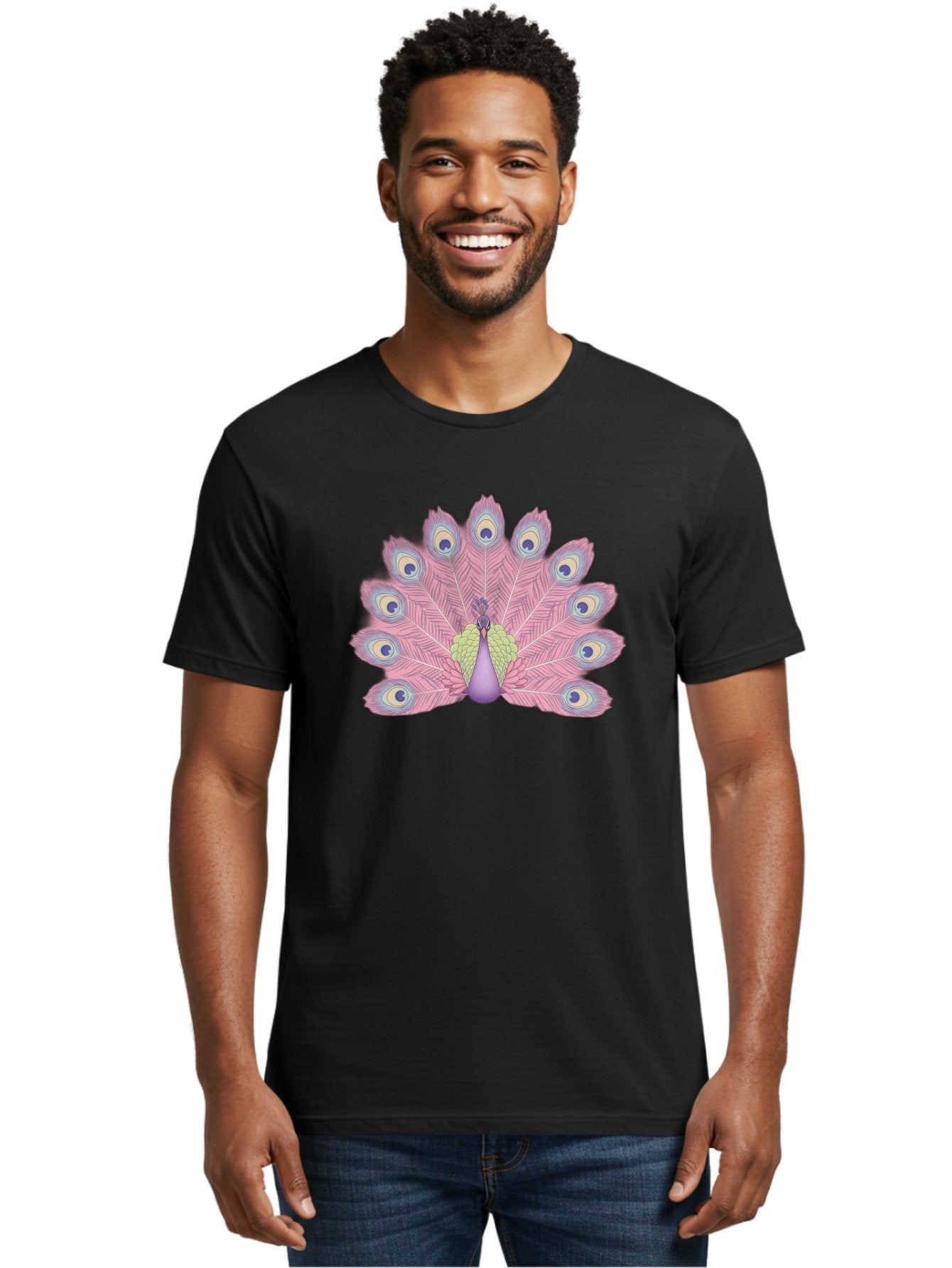 Peacock-Display-1 Men'S Graphic Tee, 100% Cotton, Comfortable Casual Summer Wear, Machine Washable, Peacock With Full Plumage, Vibrant Feathers, Pink And Purple Hues, Green And Blue Accents, Eye-Catching Display, Majestic Bird, Bab105 29