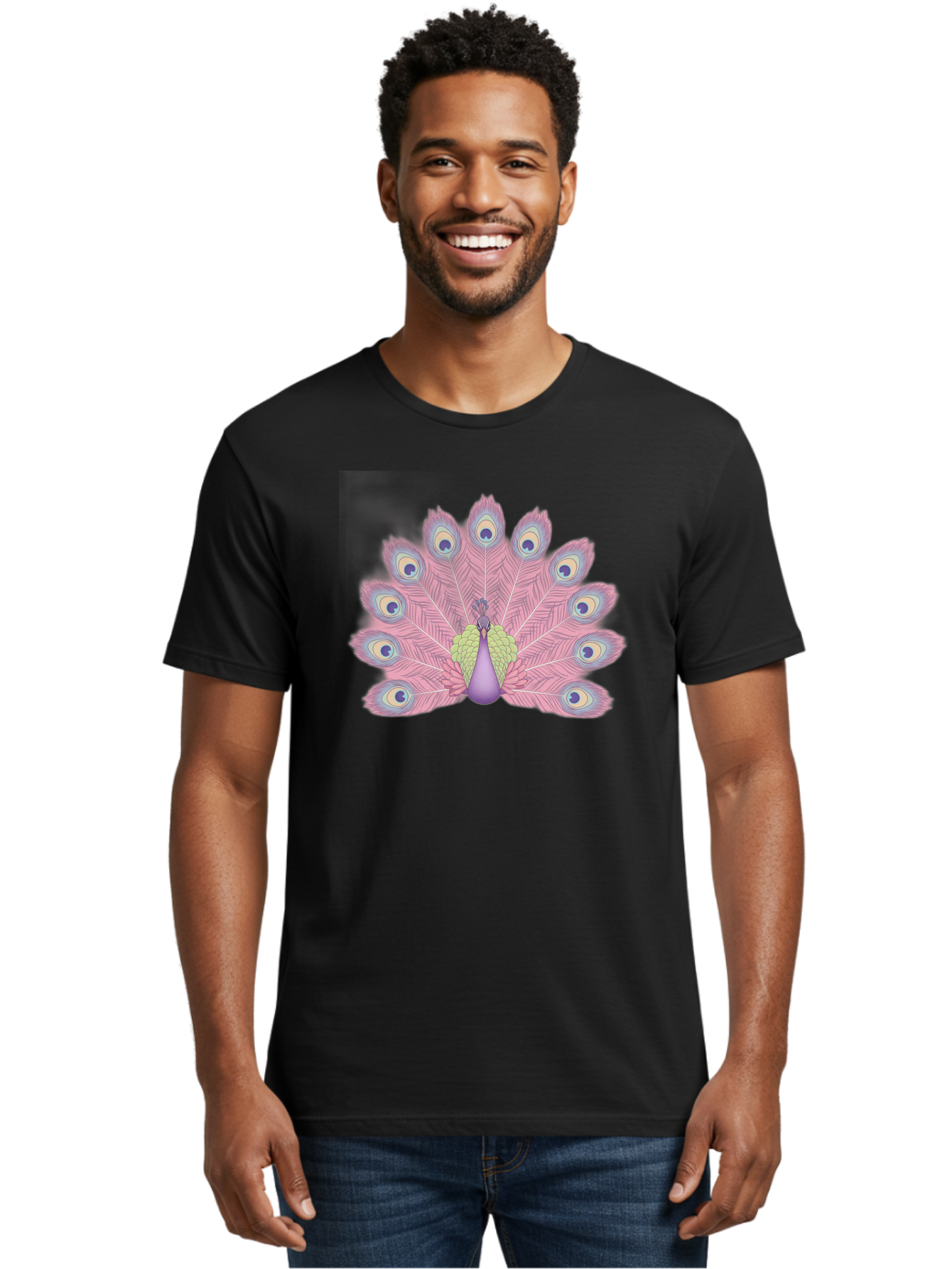 Peacock-Display-1 Men'S Graphic Tee, 100% Cotton, Comfortable Casual Summer Wear, Machine Washable, Peacock With Full Plumage, Vibrant Feathers, Pink And Purple Hues, Green And Blue Accents, Eye-Catching Display, Majestic Bird, Bab105 28