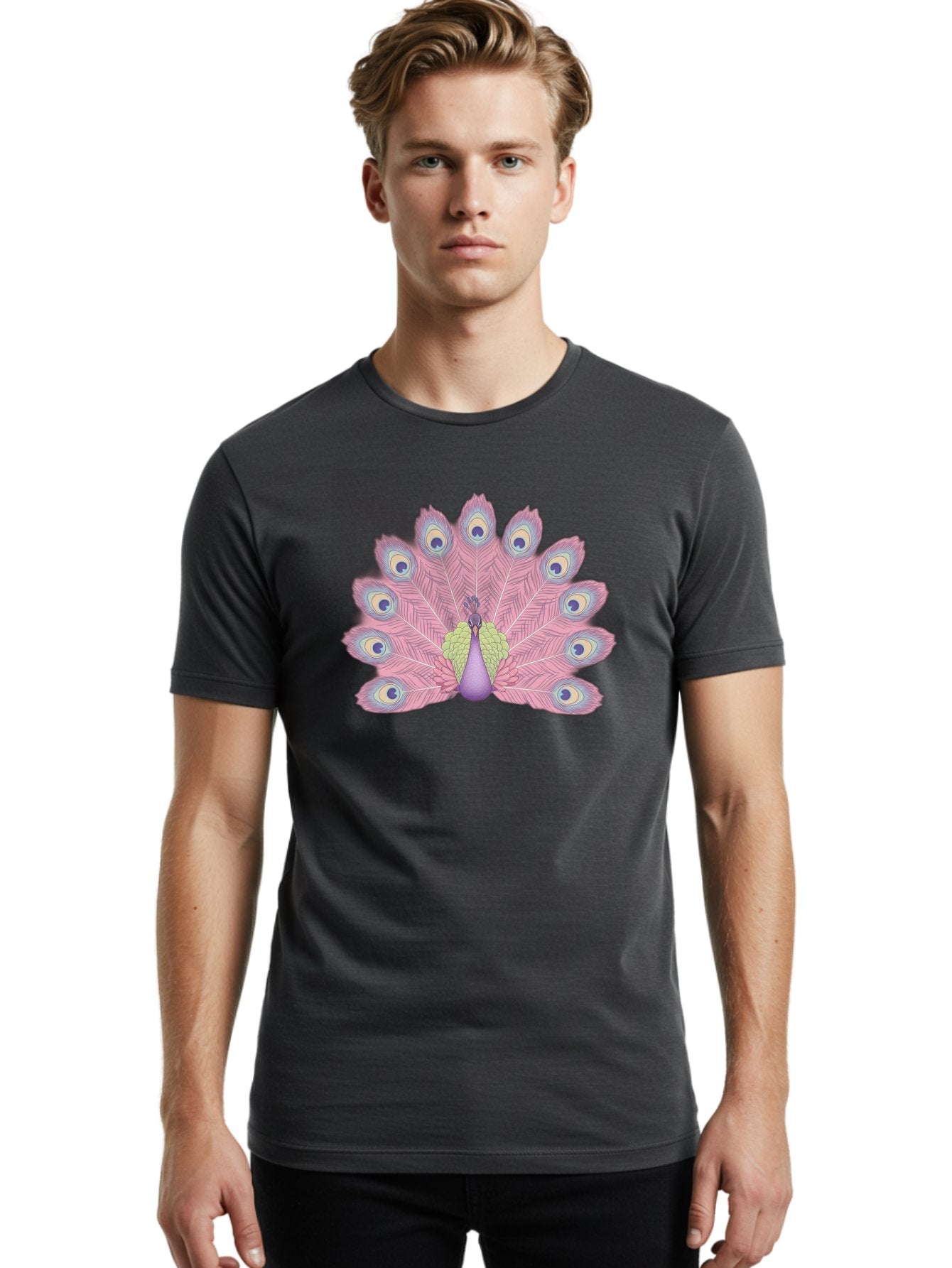 Peacock-Display-1 Men'S Graphic Tee, 100% Cotton, Comfortable Casual Summer Wear, Machine Washable, Peacock With Full Plumage, Vibrant Feathers, Pink And Purple Hues, Green And Blue Accents, Eye-Catching Display, Majestic Bird, Bab105 21