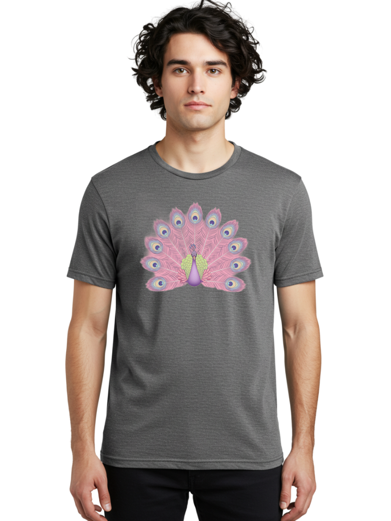 Peacock-Display-1 Men'S Graphic Tee, 100% Cotton, Comfortable Casual Summer Wear, Machine Washable, Peacock With Full Plumage, Vibrant Feathers, Pink And Purple Hues, Green And Blue Accents, Eye-Catching Display, Majestic Bird, Bab105 12