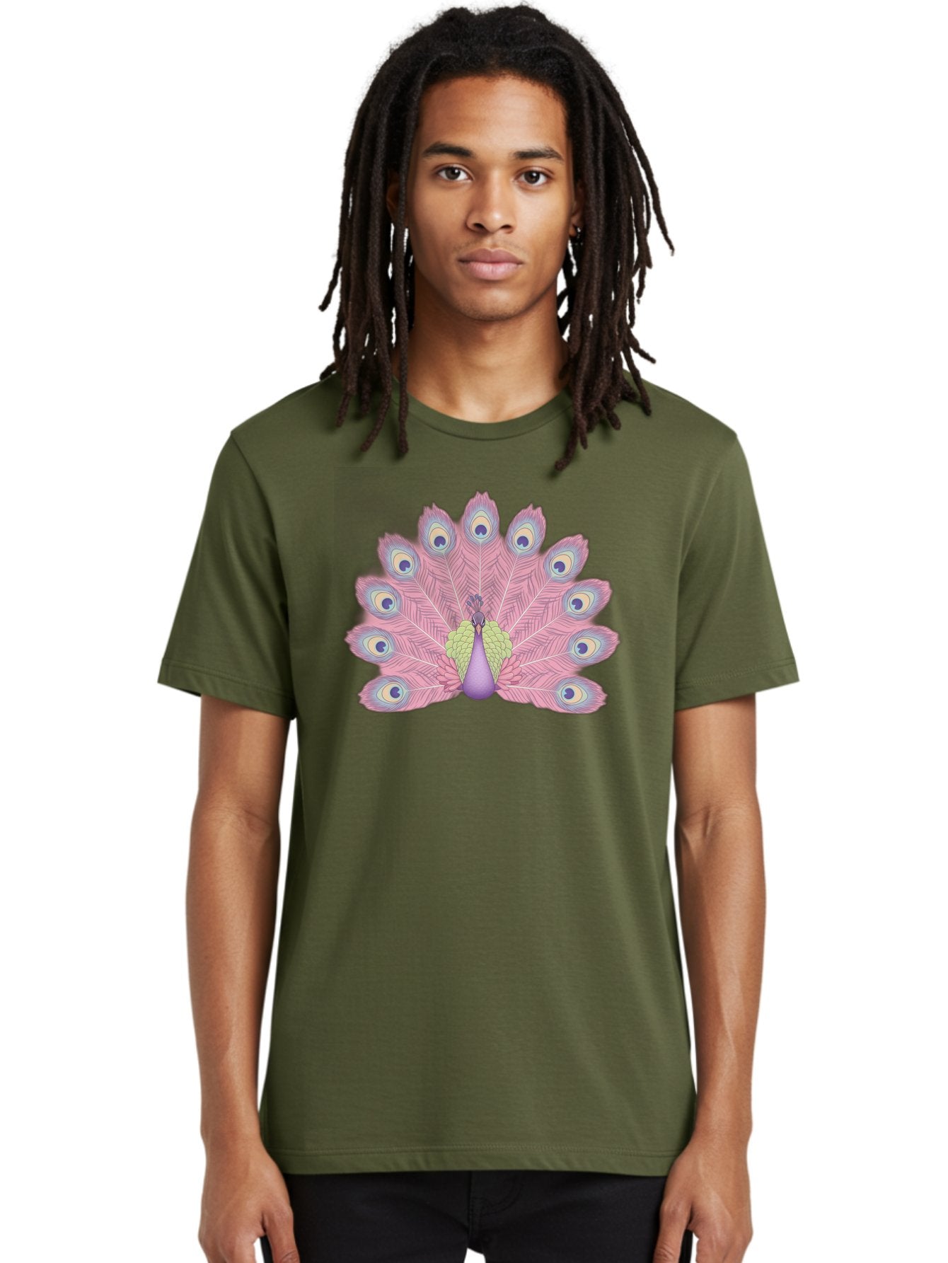 Peacock-Display-1 Men'S Graphic Tee, 100% Cotton, Comfortable Casual Summer Wear, Machine Washable, Peacock With Full Plumage, Vibrant Feathers, Pink And Purple Hues, Green And Blue Accents, Eye-Catching Display, Majestic Bird, Bab105 23
