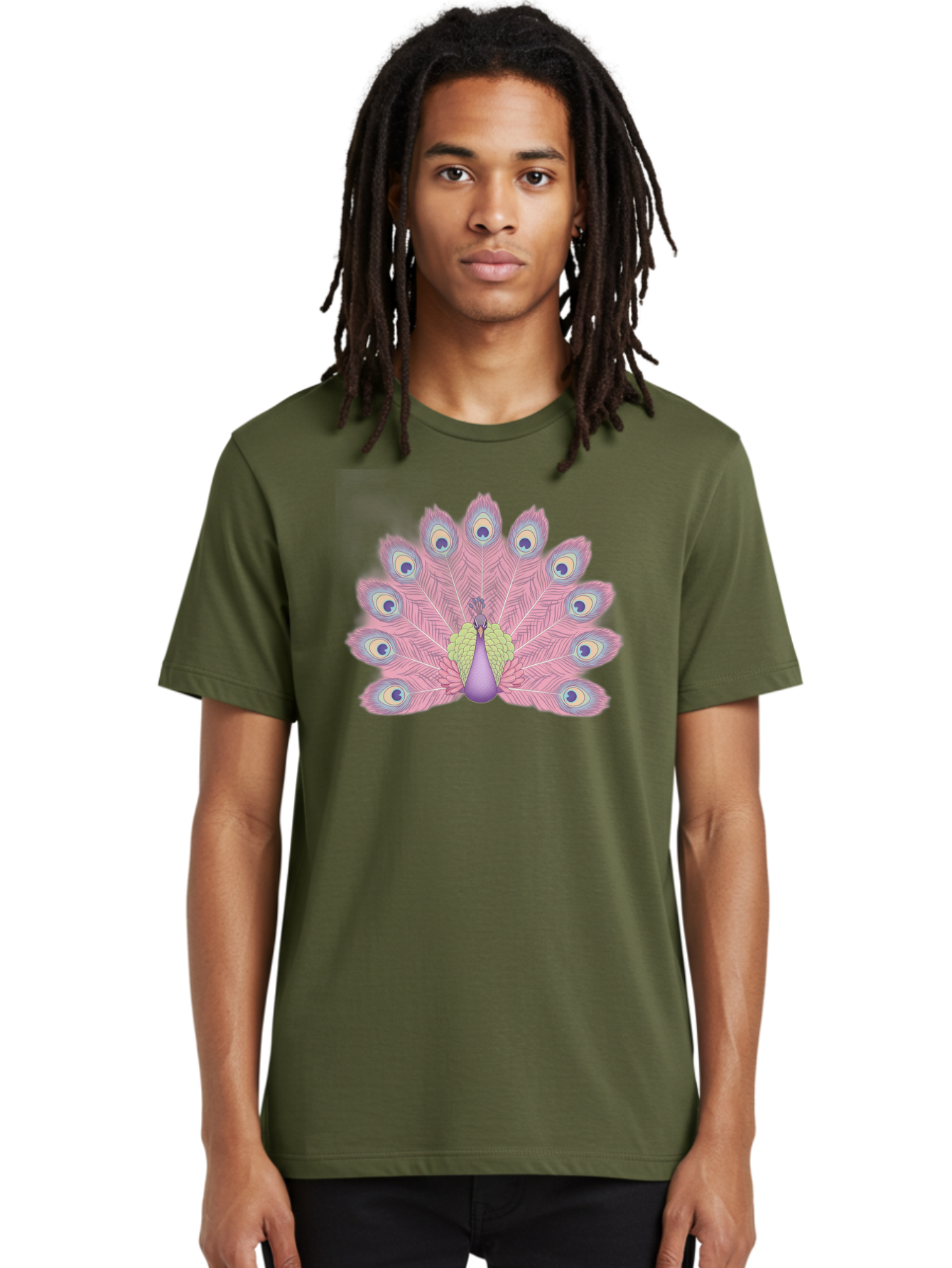 Peacock-Display-1 Men'S Graphic Tee, 100% Cotton, Comfortable Casual Summer Wear, Machine Washable, Peacock With Full Plumage, Vibrant Feathers, Pink And Purple Hues, Green And Blue Accents, Eye-Catching Display, Majestic Bird, Bab105 18