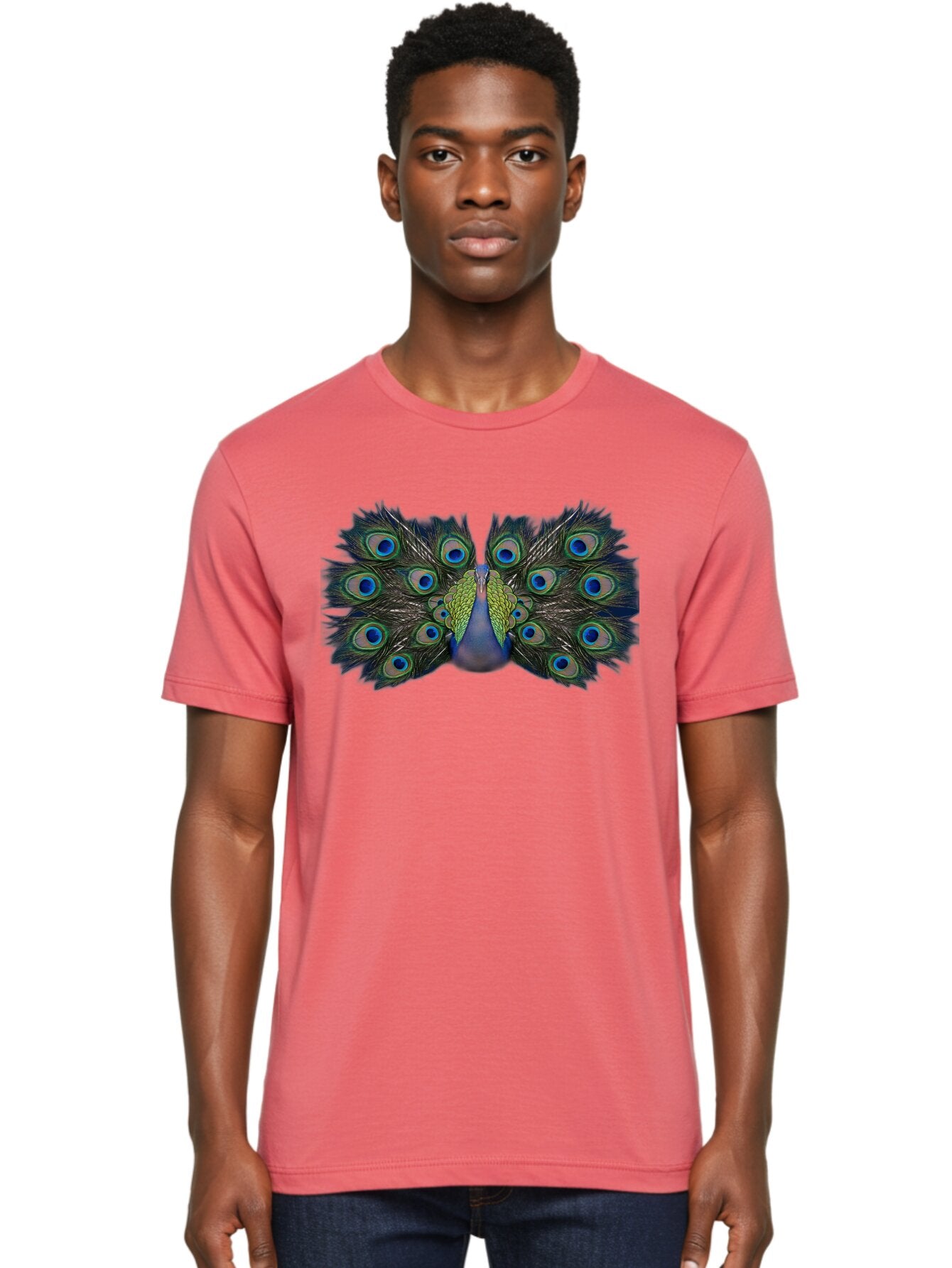 Peacock-Display Men'S Graphic Tee, 100% Cotton, Comfortable Casual Summer Wear, Machine Washable, Peacock, Vibrant Plumage, Blue And Green Feathers, Eye-Catching, Majestic Bird, Colorful Display, Intricate Patterns, Bird Of Paradise, Bab106 24