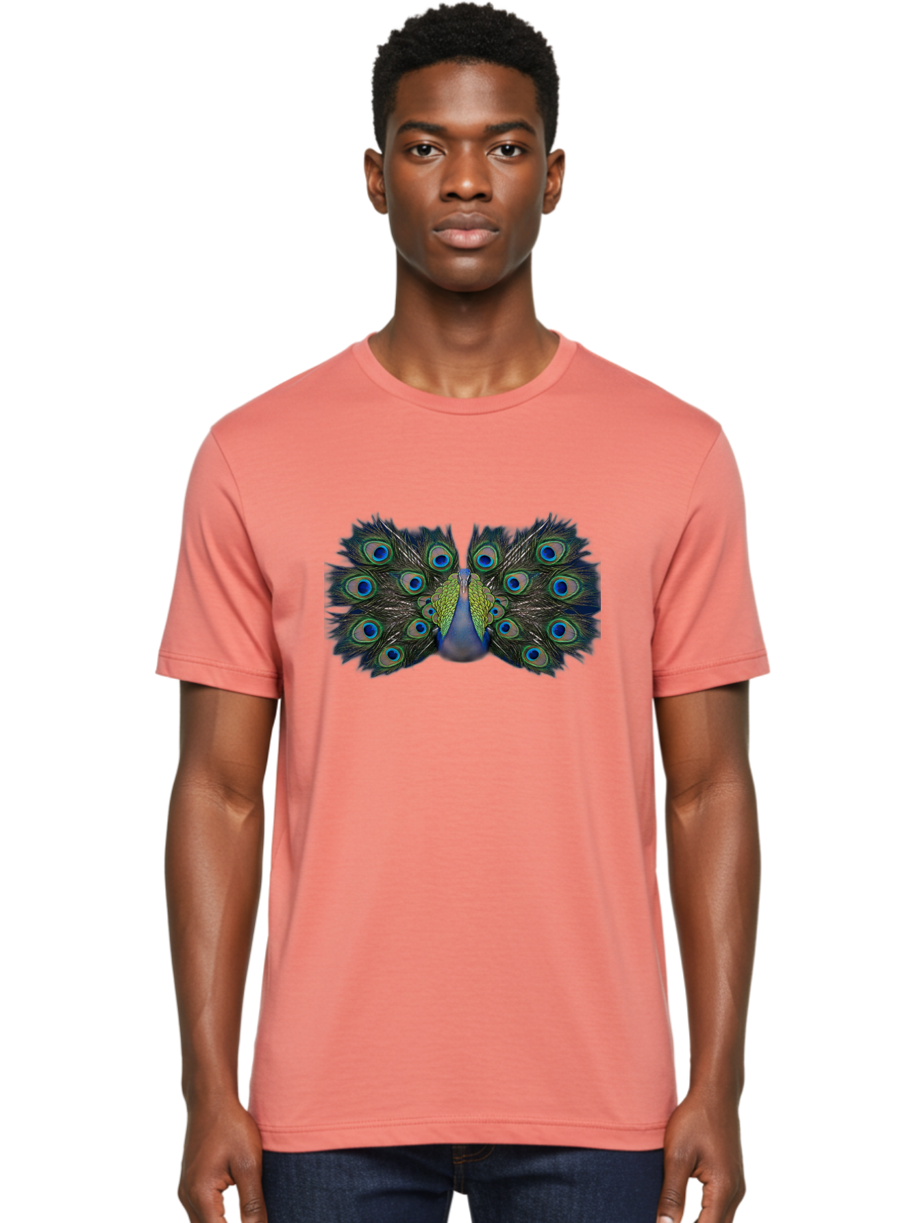 Peacock-Display Men'S Graphic Tee, 100% Cotton, Comfortable Casual Summer Wear, Machine Washable, Peacock, Vibrant Plumage, Blue And Green Feathers, Eye-Catching, Majestic Bird, Colorful Display, Intricate Patterns, Bird Of Paradise, Bab106
