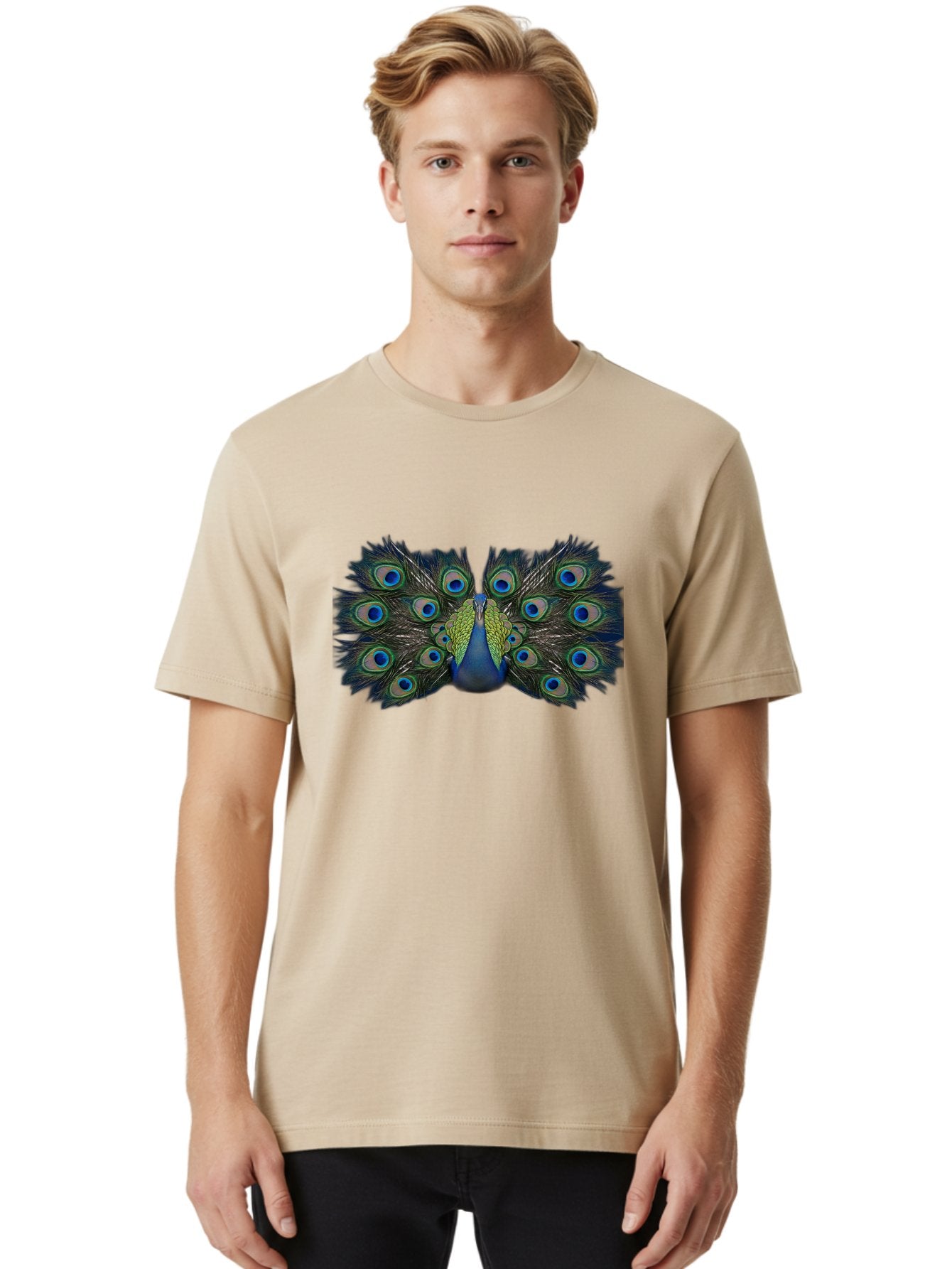 Peacock-Display Men'S Graphic Tee, 100% Cotton, Comfortable Casual Summer Wear, Machine Washable, Peacock, Vibrant Plumage, Blue And Green Feathers, Eye-Catching, Majestic Bird, Colorful Display, Intricate Patterns, Bird Of Paradise, Bab106 25
