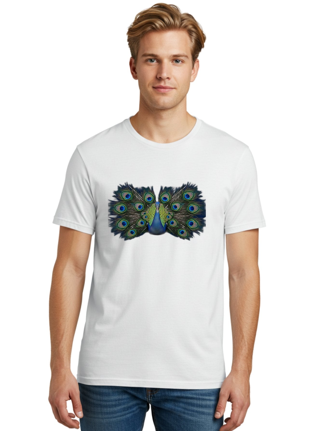 Peacock-Display Men'S Graphic Tee, 100% Cotton, Comfortable Casual Summer Wear, Machine Washable, Peacock, Vibrant Plumage, Blue And Green Feathers, Eye-Catching, Majestic Bird, Colorful Display, Intricate Patterns, Bird Of Paradise, Bab106 22