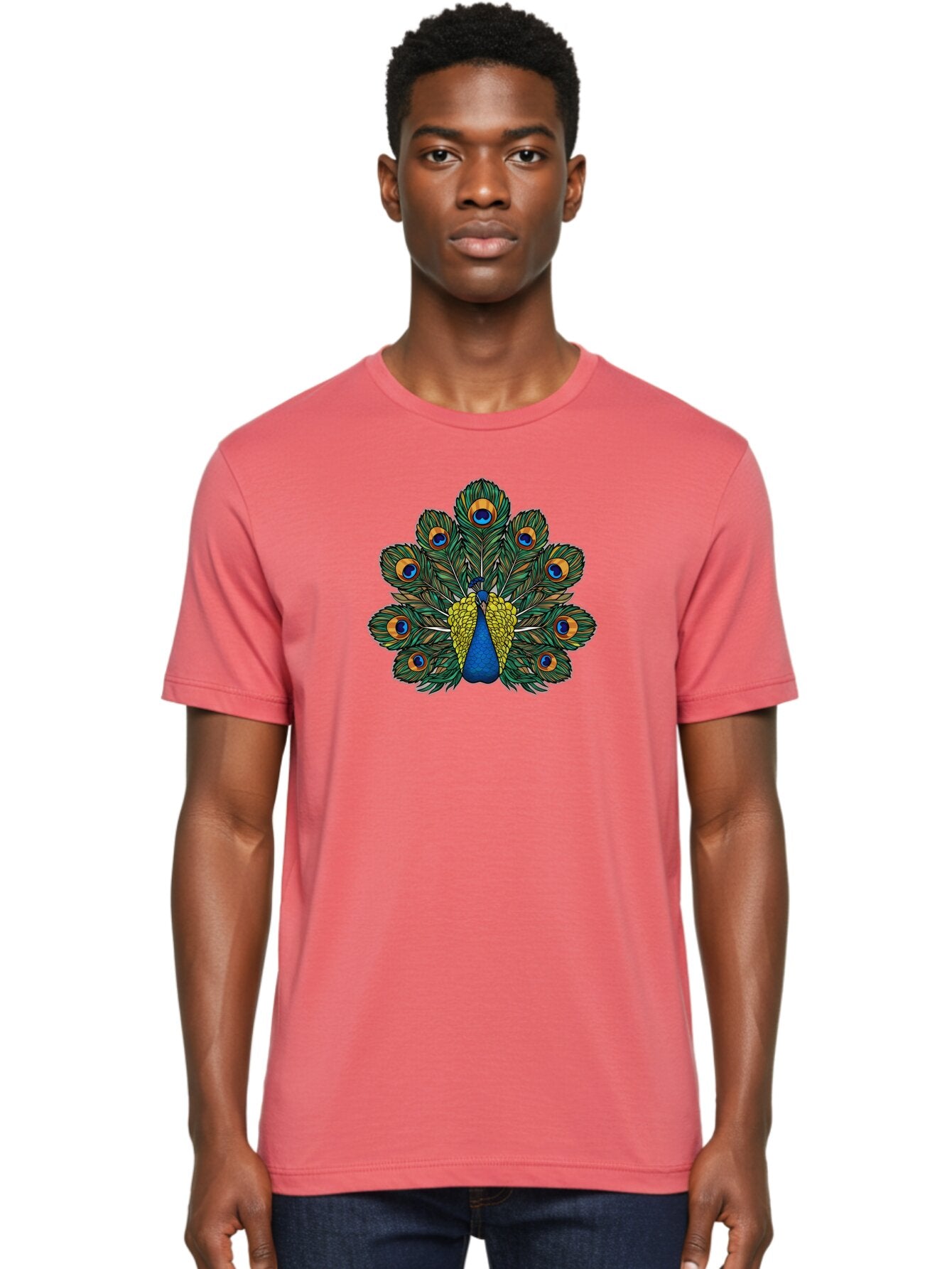 Peacock-Feather-1 Men'S Graphic Tee, 100% Cotton, Comfortable Casual Summer Wear, Machine Washable, Peacock Spreading Its Feathers, Vibrant Plumage, Blue And Gold Colors, Eye-Catching Display, Majestic Bird, Colorful Illustration, Bab107 29
