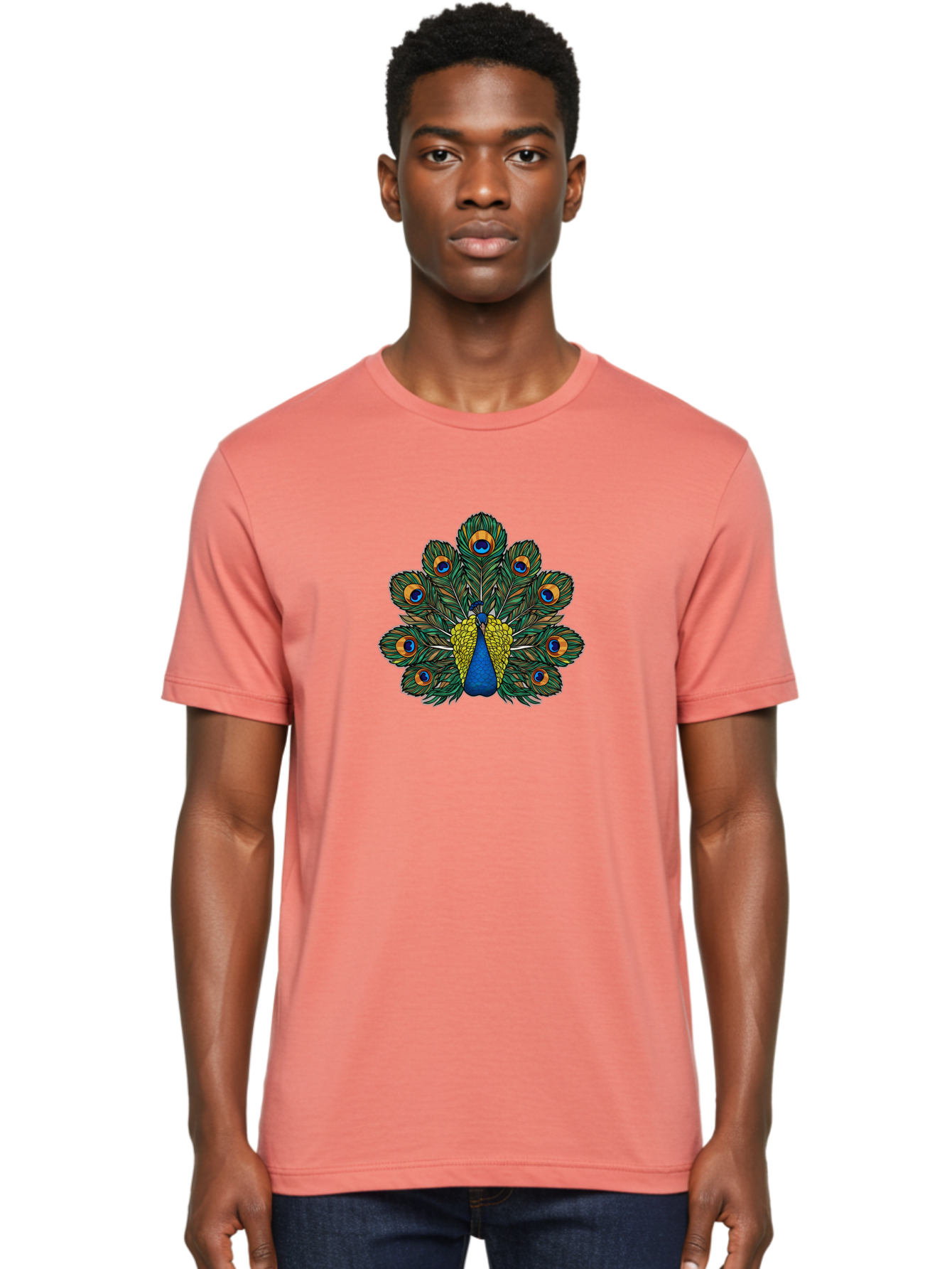 Peacock-Feather-1 Men'S Graphic Tee, 100% Cotton, Comfortable Casual Summer Wear, Machine Washable, Peacock Spreading Its Feathers, Vibrant Plumage, Blue And Gold Colors, Eye-Catching Display, Majestic Bird, Colorful Illustration, Bab107