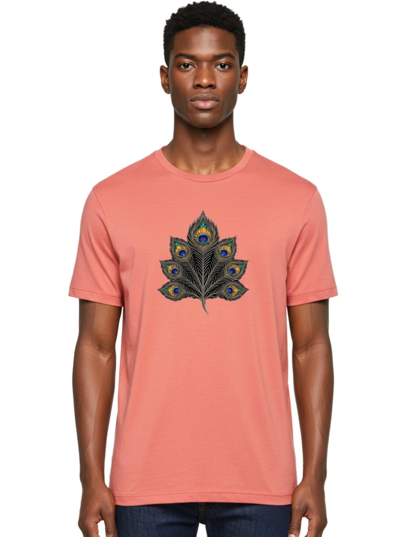 Peacock-Feather-11 Men'S Graphic Tee, 100% Cotton, Comfortable Casual Summer Wear, Machine Washable, Vibrant Peacock Feather, Colorful Plumage, Blue And Orange Eyespots, Intricate Details, Ornate Pattern, Majestic Bird, Symbolic Feather, Bab109