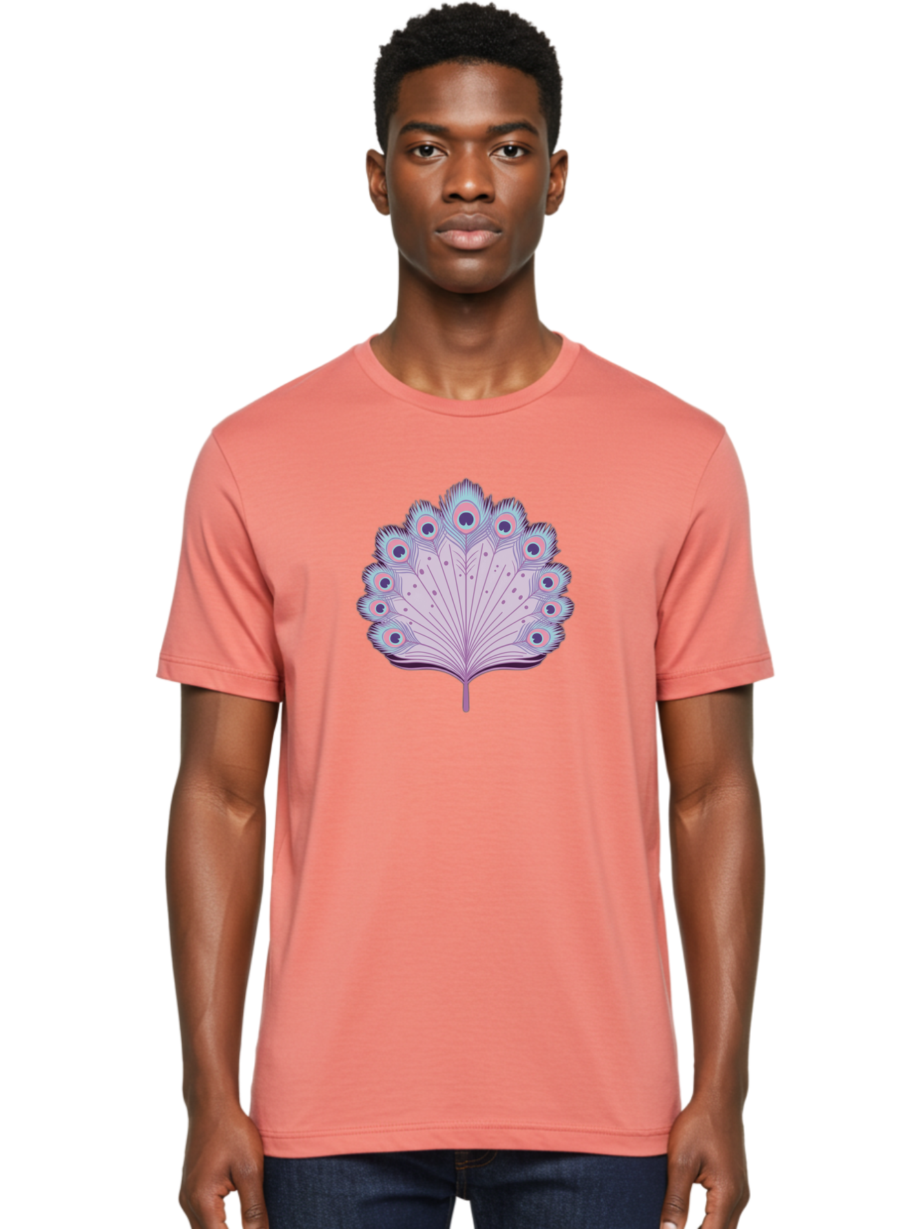 Peacock-Feather-4 Men'S Graphic Tee, 100% Cotton, Comfortable Casual Summer Wear, Machine Washable, Peacock Feather, Pastel Colors, Vibrant Feathers, Colorful Plumage, Nature-Inspired Art, Whimsical Design, Decorative Motif, Symbolic Imagery, Bab112