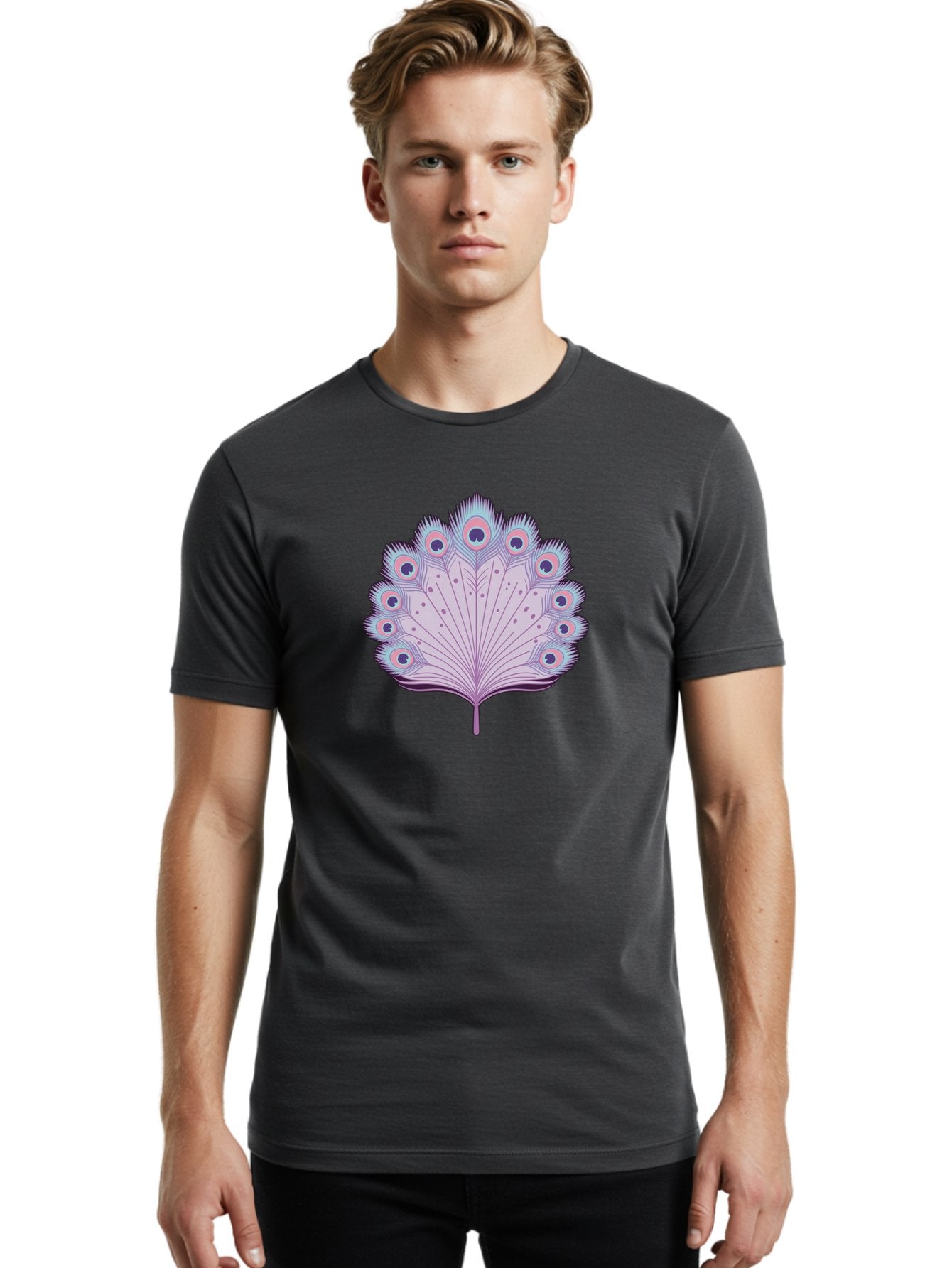 Peacock-Feather-4 Men'S Graphic Tee, 100% Cotton, Comfortable Casual Summer Wear, Machine Washable, Peacock Feather, Pastel Colors, Vibrant Feathers, Colorful Plumage, Nature-Inspired Art, Whimsical Design, Decorative Motif, Symbolic Imagery, Bab112 30