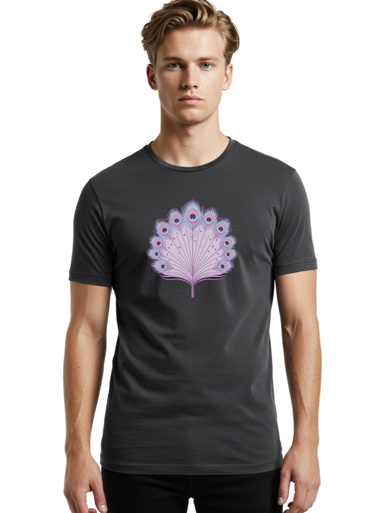 Peacock-Feather-4 Men'S Graphic Tee, 100% Cotton, Comfortable Casual Summer Wear, Machine Washable, Peacock Feather, Pastel Colors, Vibrant Feathers, Colorful Plumage, Nature-Inspired Art, Whimsical Design, Decorative Motif, Symbolic Imagery, Bab112 10