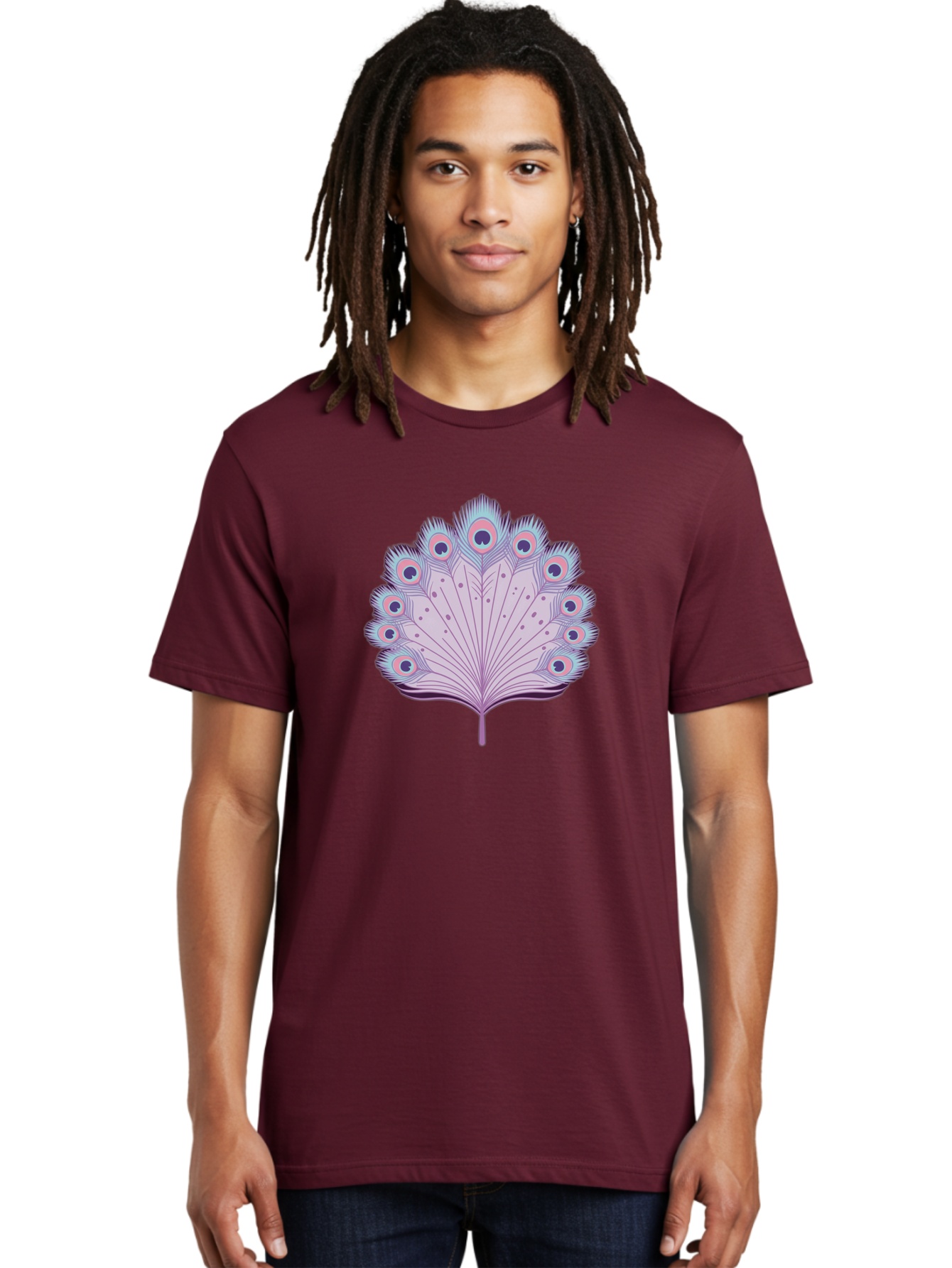 Peacock-Feather-4 Men'S Graphic Tee, 100% Cotton, Comfortable Casual Summer Wear, Machine Washable, Peacock Feather, Pastel Colors, Vibrant Feathers, Colorful Plumage, Nature-Inspired Art, Whimsical Design, Decorative Motif, Symbolic Imagery, Bab112 16