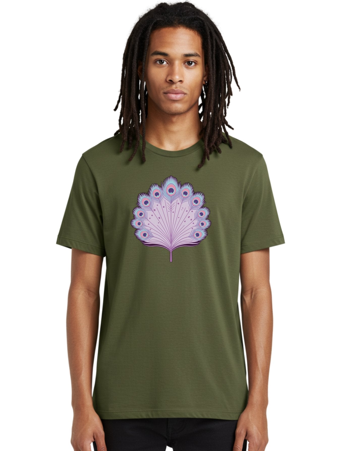 Peacock-Feather-4 Men'S Graphic Tee, 100% Cotton, Comfortable Casual Summer Wear, Machine Washable, Peacock Feather, Pastel Colors, Vibrant Feathers, Colorful Plumage, Nature-Inspired Art, Whimsical Design, Decorative Motif, Symbolic Imagery, Bab112 24
