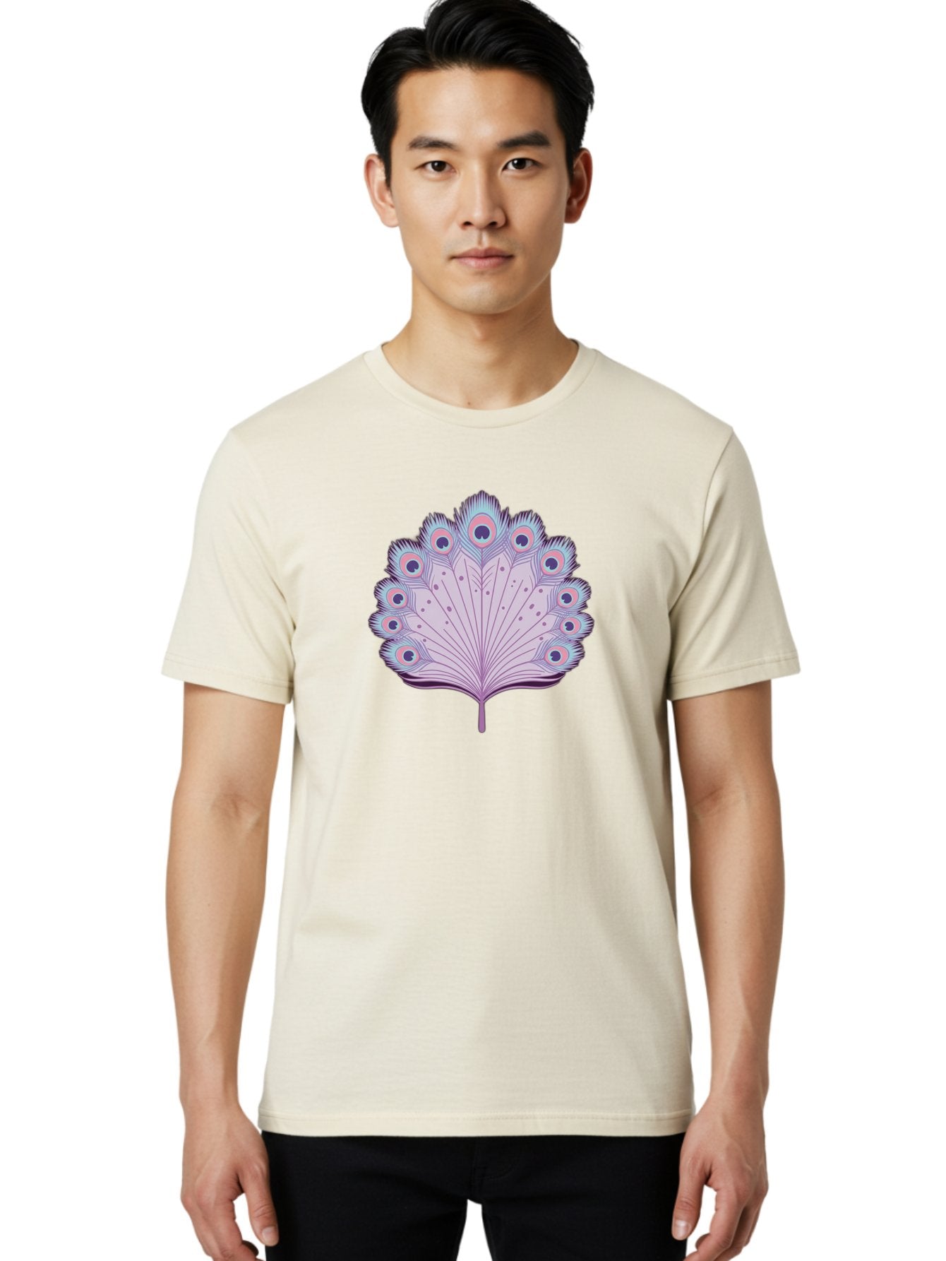 Peacock-Feather-4 Men'S Graphic Tee, 100% Cotton, Comfortable Casual Summer Wear, Machine Washable, Peacock Feather, Pastel Colors, Vibrant Feathers, Colorful Plumage, Nature-Inspired Art, Whimsical Design, Decorative Motif, Symbolic Imagery, Bab112 29