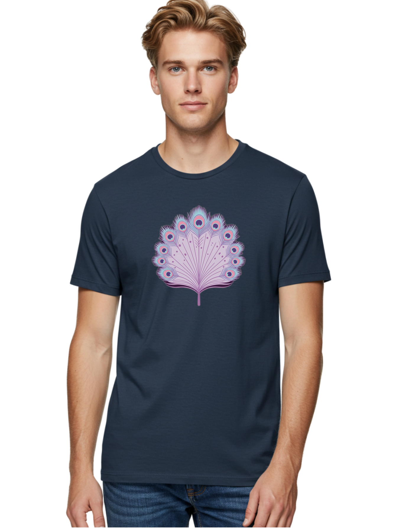 Peacock-Feather-4 Men'S Graphic Tee, 100% Cotton, Comfortable Casual Summer Wear, Machine Washable, Peacock Feather, Pastel Colors, Vibrant Feathers, Colorful Plumage, Nature-Inspired Art, Whimsical Design, Decorative Motif, Symbolic Imagery, Bab112 22