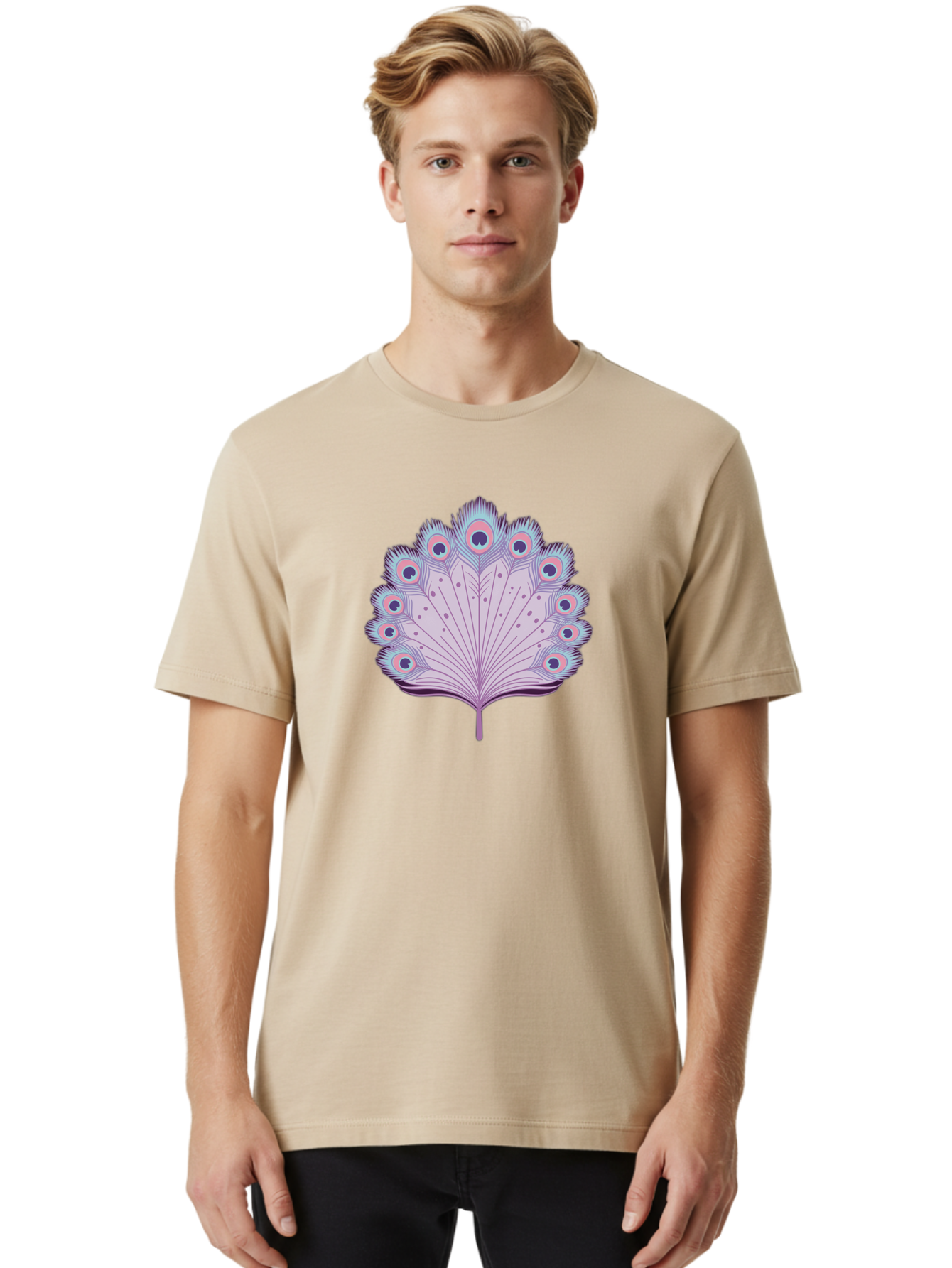 Peacock-Feather-4 Men'S Graphic Tee, 100% Cotton, Comfortable Casual Summer Wear, Machine Washable, Peacock Feather, Pastel Colors, Vibrant Feathers, Colorful Plumage, Nature-Inspired Art, Whimsical Design, Decorative Motif, Symbolic Imagery, Bab112 4