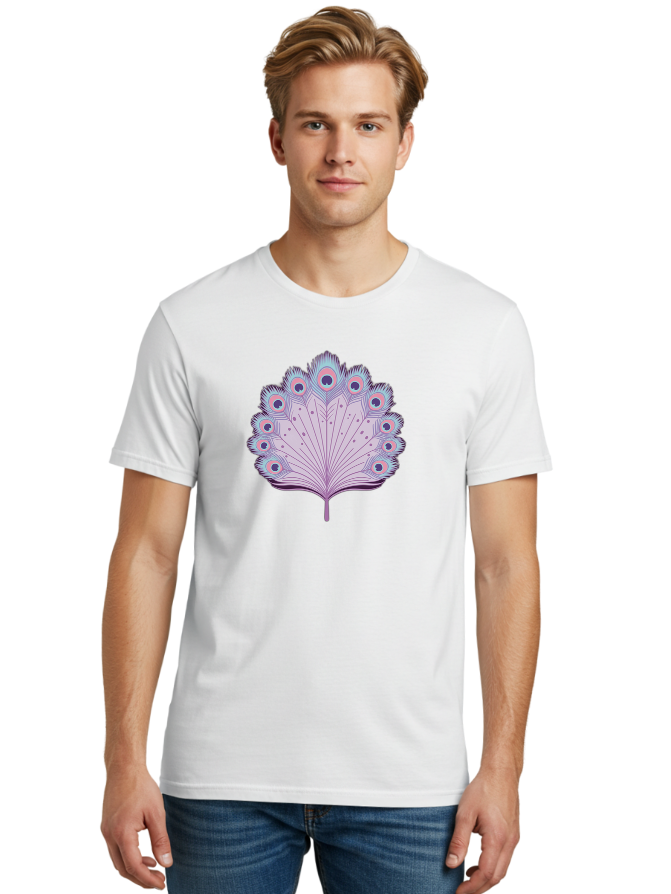 Peacock-Feather-4 Men'S Graphic Tee, 100% Cotton, Comfortable Casual Summer Wear, Machine Washable, Peacock Feather, Pastel Colors, Vibrant Feathers, Colorful Plumage, Nature-Inspired Art, Whimsical Design, Decorative Motif, Symbolic Imagery, Bab112 8