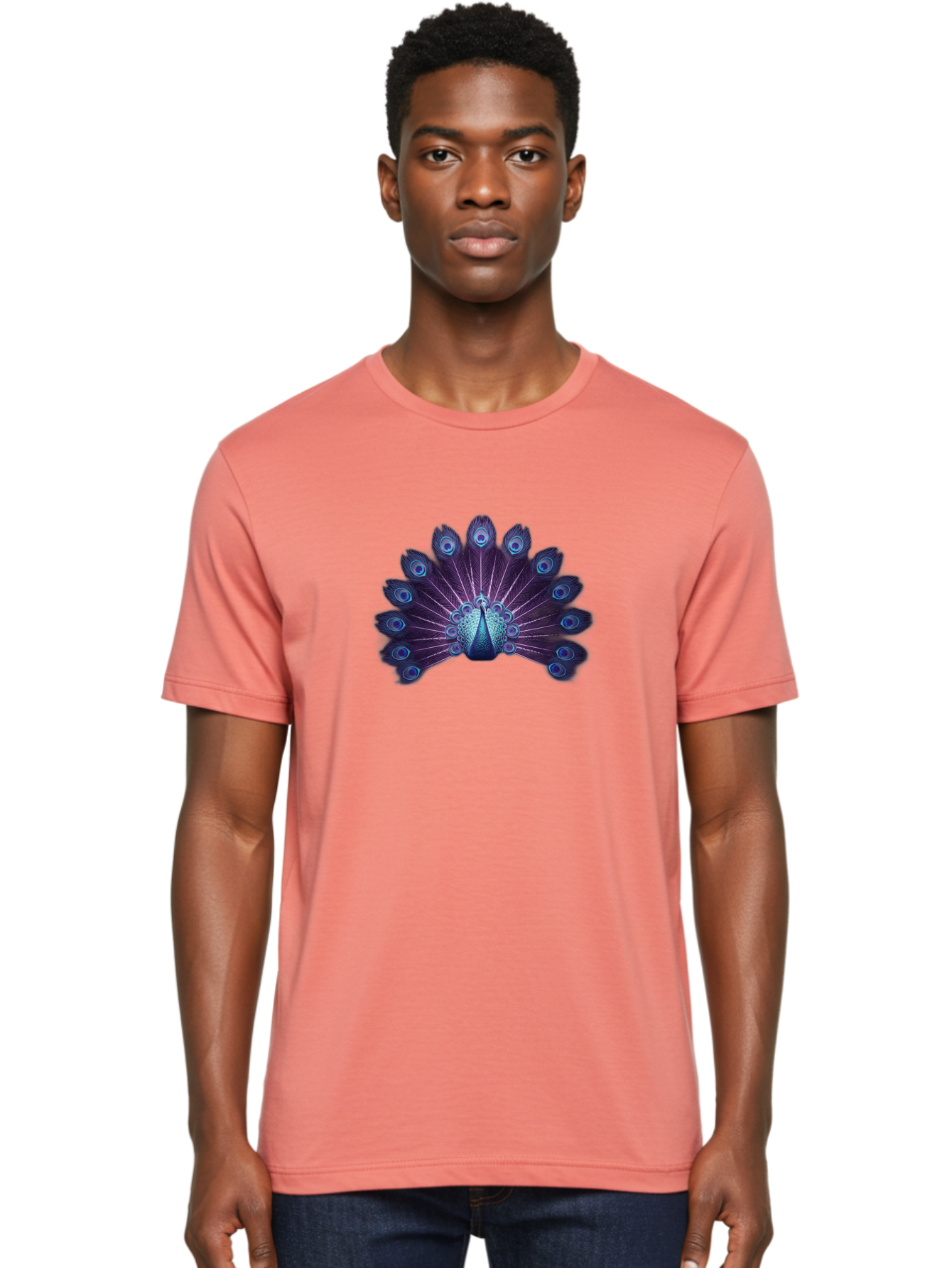 Peacock-Feather-5 Men'S Graphic Tee, 100% Cotton, Comfortable Casual Summer Wear, Machine Washable, Peacock, Tail Feathers, Vibrant Colors, Blue And Purple Hues, Eye-Catching Display, Natural Beauty, Majestic Plumage, Intricate Patterns, Bab113