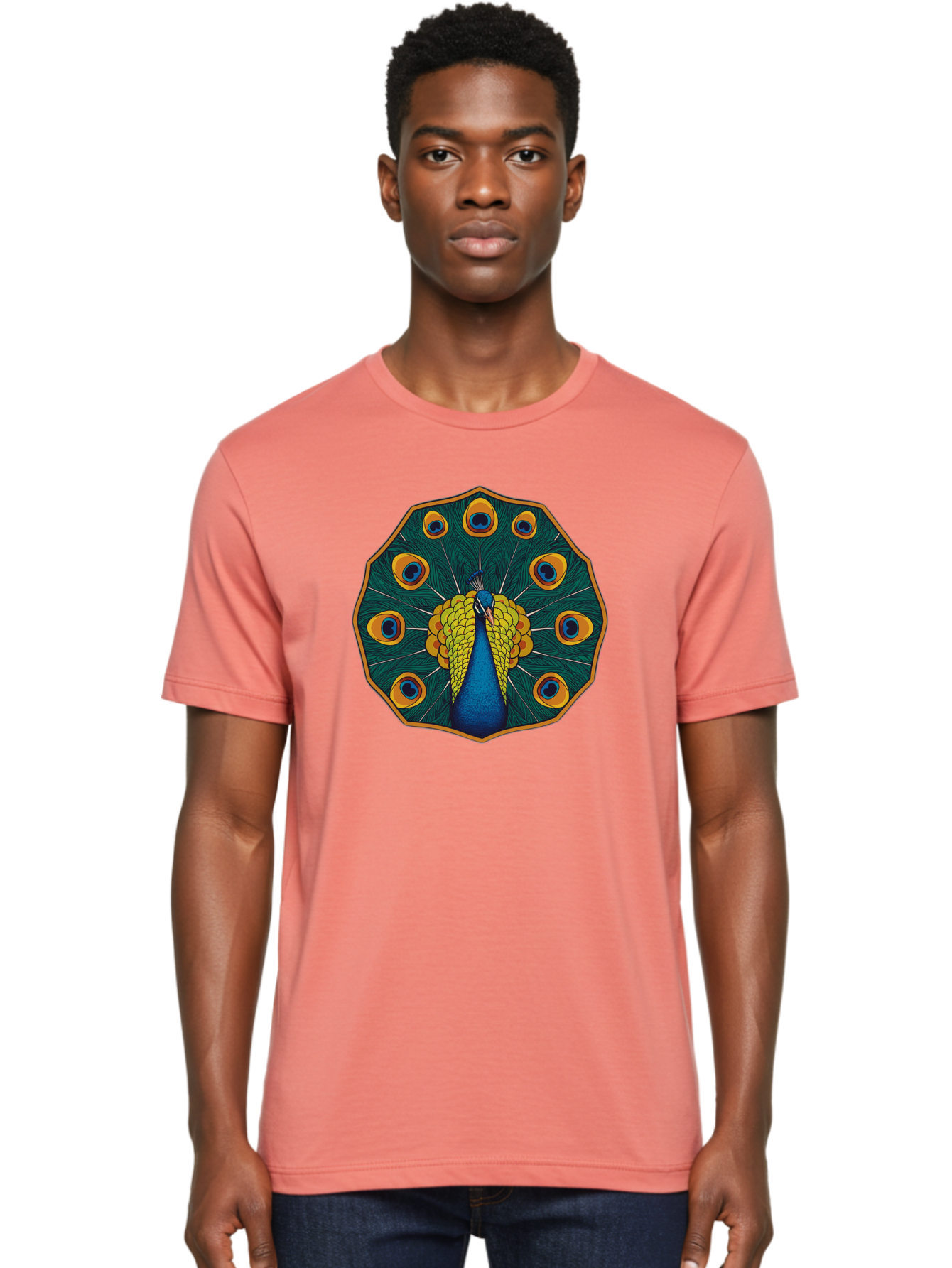 Peacock-Feather-6 Men'S Graphic Tee, 100% Cotton, Comfortable Casual Summer Wear, Machine Washable, Peacock Feather, Blue And Yellow Plumage, Vibrant Colors, Eye-Catching Pattern, Circular Design, Nature-Inspired Art, Bird Motif, Bab114