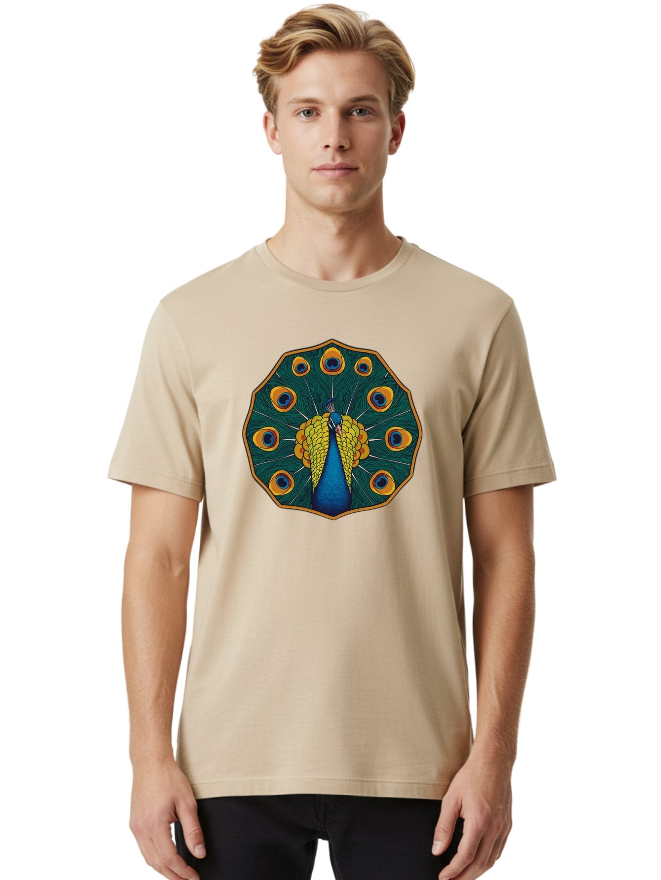 Peacock-Feather-6 Men'S Graphic Tee, 100% Cotton, Comfortable Casual Summer Wear, Machine Washable, Peacock Feather, Blue And Yellow Plumage, Vibrant Colors, Eye-Catching Pattern, Circular Design, Nature-Inspired Art, Bird Motif, Bab114 24
