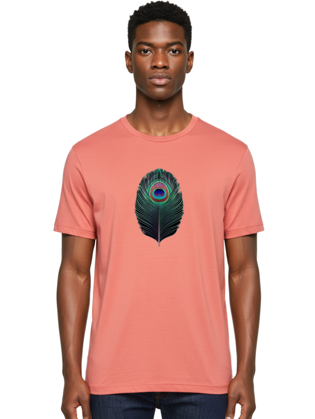 Peacock-Feather-7 Men'S Graphic Tee, 100% Cotton, Comfortable Casual Summer Wear, Machine Washable, Peacock Feather, Vibrant Colors, Blue, Red, And Turquoise Eye, Black And White Stripes, Majestic Plumage, Exotic Bird, Colorful Pattern, Bab115