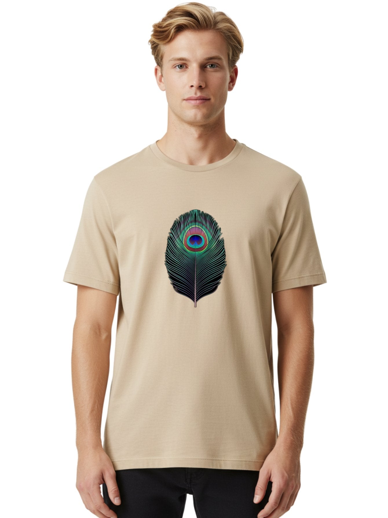 Peacock-Feather-7 Men'S Graphic Tee, 100% Cotton, Comfortable Casual Summer Wear, Machine Washable, Peacock Feather, Vibrant Colors, Blue, Red, And Turquoise Eye, Black And White Stripes, Majestic Plumage, Exotic Bird, Colorful Pattern, Bab115 21