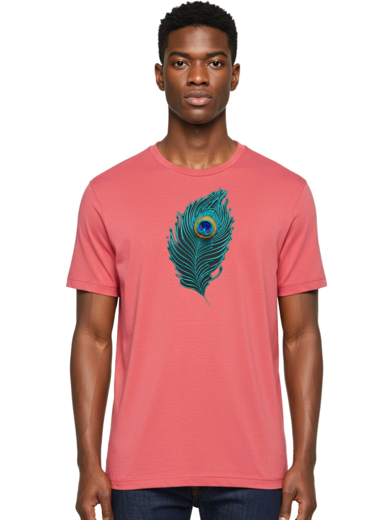 Peacock-Feather-8 Men'S Graphic Tee, 100% Cotton, Comfortable Casual Summer Wear, Machine Washable, Peacock Feather, Vibrant Colors, Teal, Blue, Orange, Elegant Design, Intricate Patterns, Luxurious Feel, Eye-Catching Detail, Stunning Visuals, Bab116 27