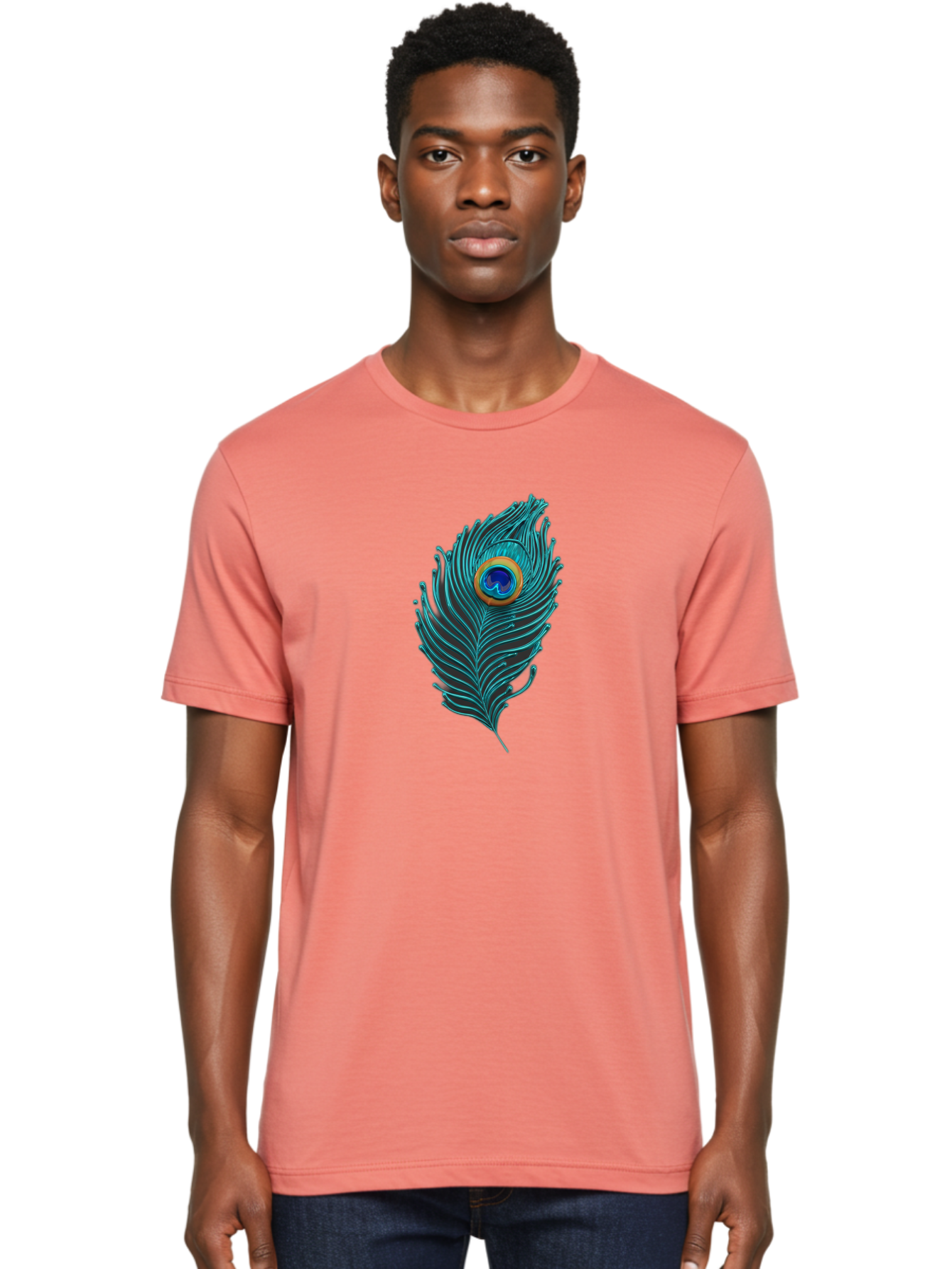Peacock-Feather-8 Men'S Graphic Tee, 100% Cotton, Comfortable Casual Summer Wear, Machine Washable, Peacock Feather, Vibrant Colors, Teal, Blue, Orange, Elegant Design, Intricate Patterns, Luxurious Feel, Eye-Catching Detail, Stunning Visuals, Bab116