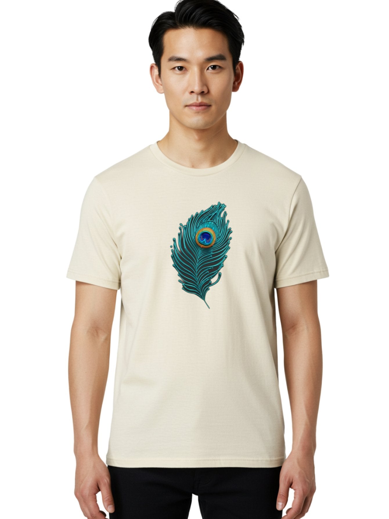 Peacock-Feather-8 Men'S Graphic Tee, 100% Cotton, Comfortable Casual Summer Wear, Machine Washable, Peacock Feather, Vibrant Colors, Teal, Blue, Orange, Elegant Design, Intricate Patterns, Luxurious Feel, Eye-Catching Detail, Stunning Visuals, Bab116 24
