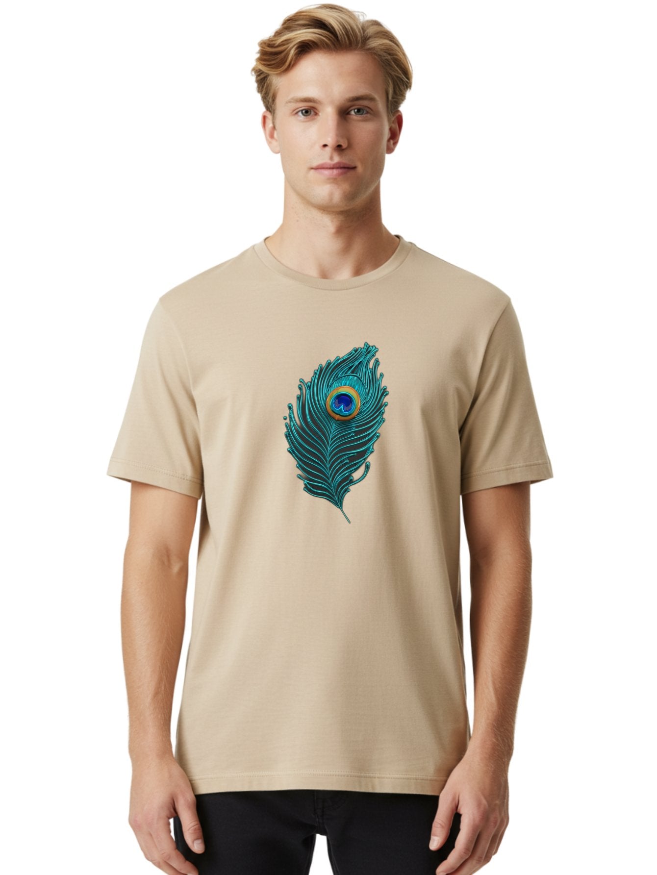 Peacock-Feather-8 Men'S Graphic Tee, 100% Cotton, Comfortable Casual Summer Wear, Machine Washable, Peacock Feather, Vibrant Colors, Teal, Blue, Orange, Elegant Design, Intricate Patterns, Luxurious Feel, Eye-Catching Detail, Stunning Visuals, Bab116 25