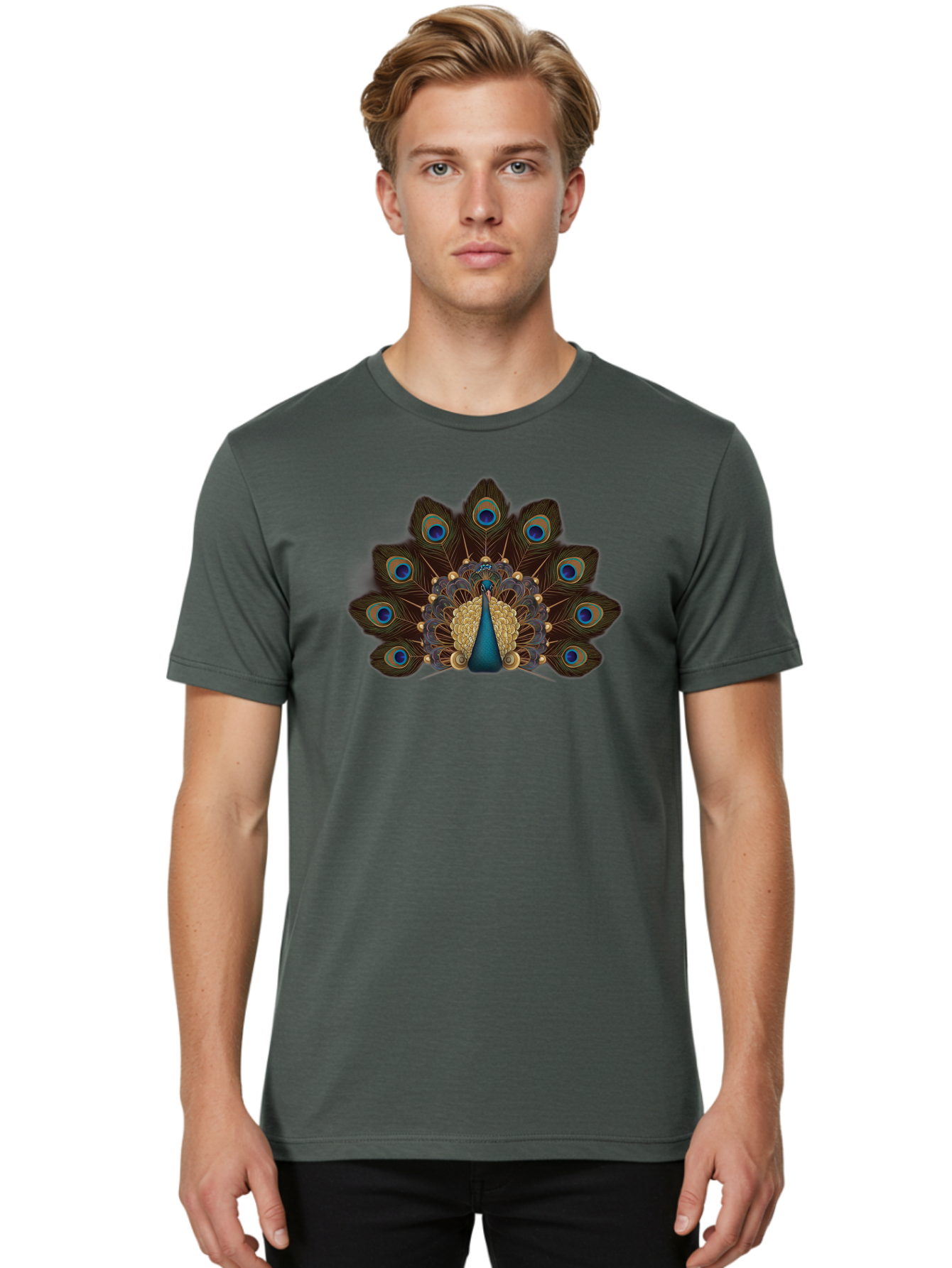 Peacock-Feather-Display Men'S Graphic Tee, 100% Cotton, Comfortable Casual Summer Wear, Machine Washable, Peacock, Bird, Feathers, Blue Eyes, Golden Plumage, Royal Bird, Majestic Creature, Intricate Details, Vibrant Colors, Exotic Beauty Bab118 20