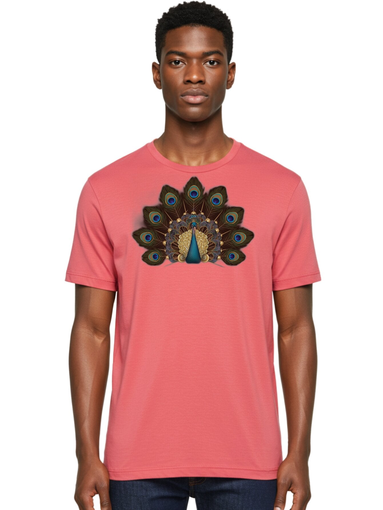 Peacock-Feather-Display Men'S Graphic Tee, 100% Cotton, Comfortable Casual Summer Wear, Machine Washable, Peacock, Bird, Feathers, Blue Eyes, Golden Plumage, Royal Bird, Majestic Creature, Intricate Details, Vibrant Colors, Exotic Beauty Bab118 19