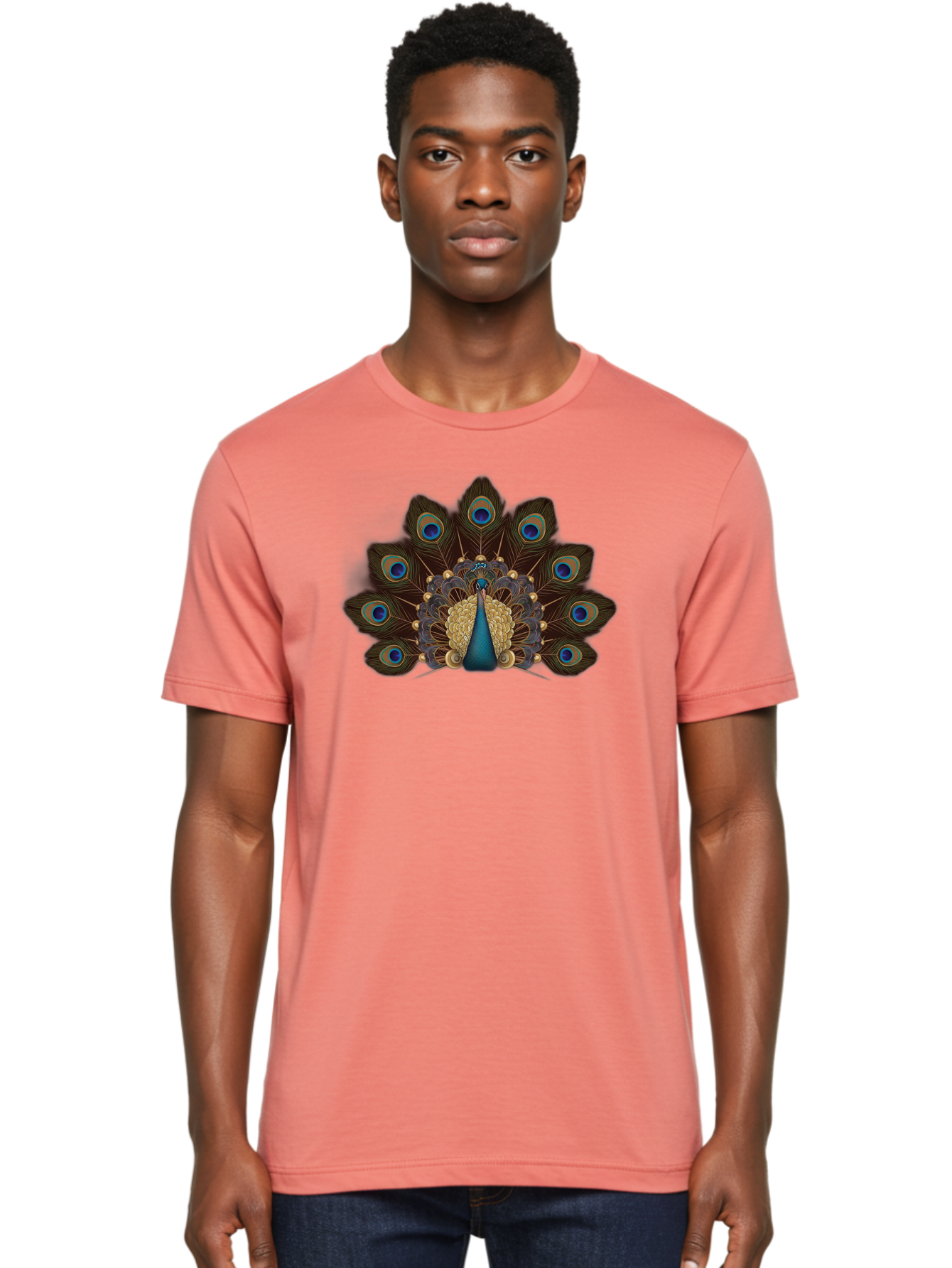 Peacock-Feather-Display Men'S Graphic Tee, 100% Cotton, Comfortable Casual Summer Wear, Machine Washable, Peacock, Bird, Feathers, Blue Eyes, Golden Plumage, Royal Bird, Majestic Creature, Intricate Details, Vibrant Colors, Exotic Beauty Bab118