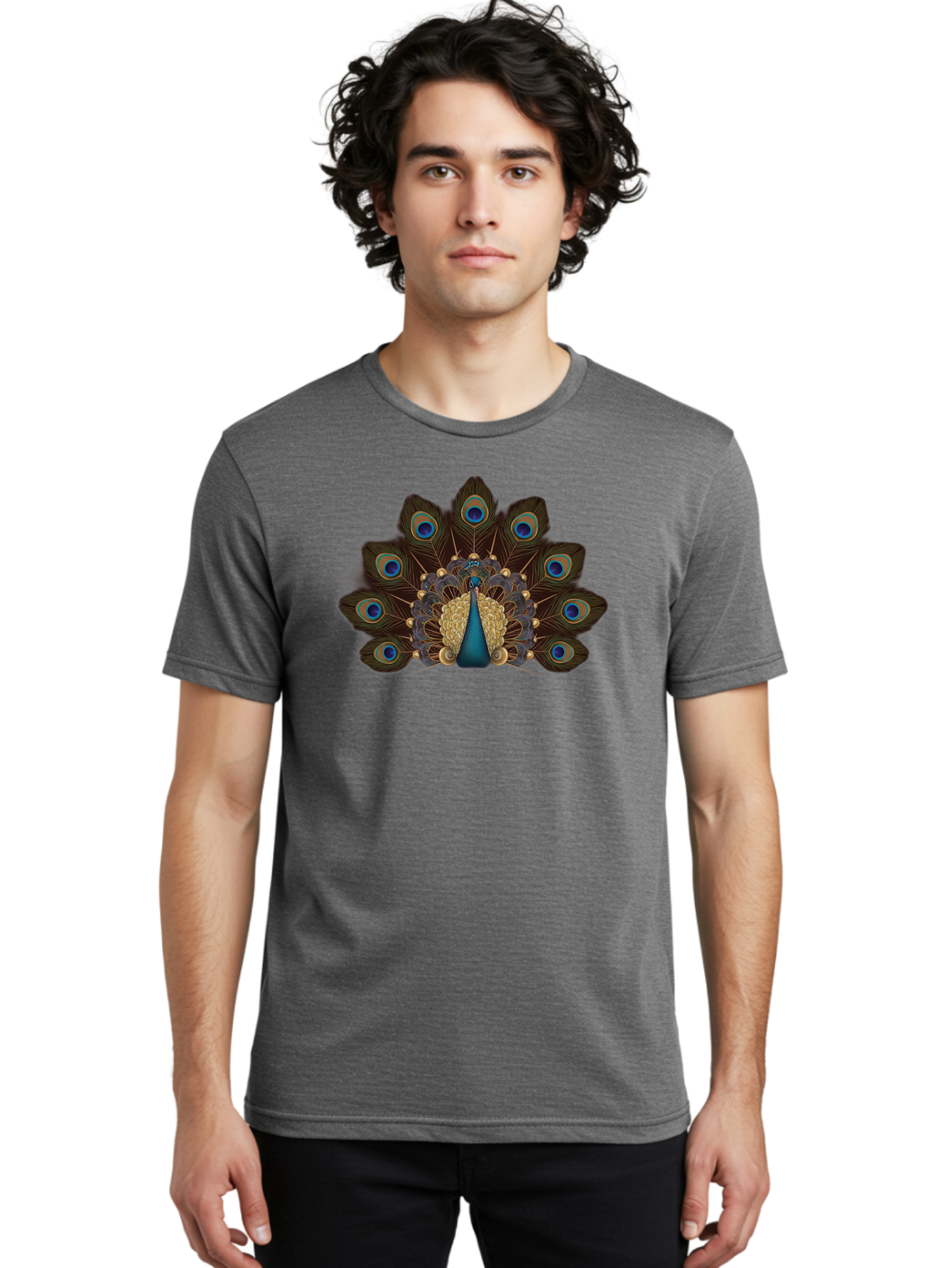 Peacock-Feather-Display Men'S Graphic Tee, 100% Cotton, Comfortable Casual Summer Wear, Machine Washable, Peacock, Bird, Feathers, Blue Eyes, Golden Plumage, Royal Bird, Majestic Creature, Intricate Details, Vibrant Colors, Exotic Beauty Bab118 12