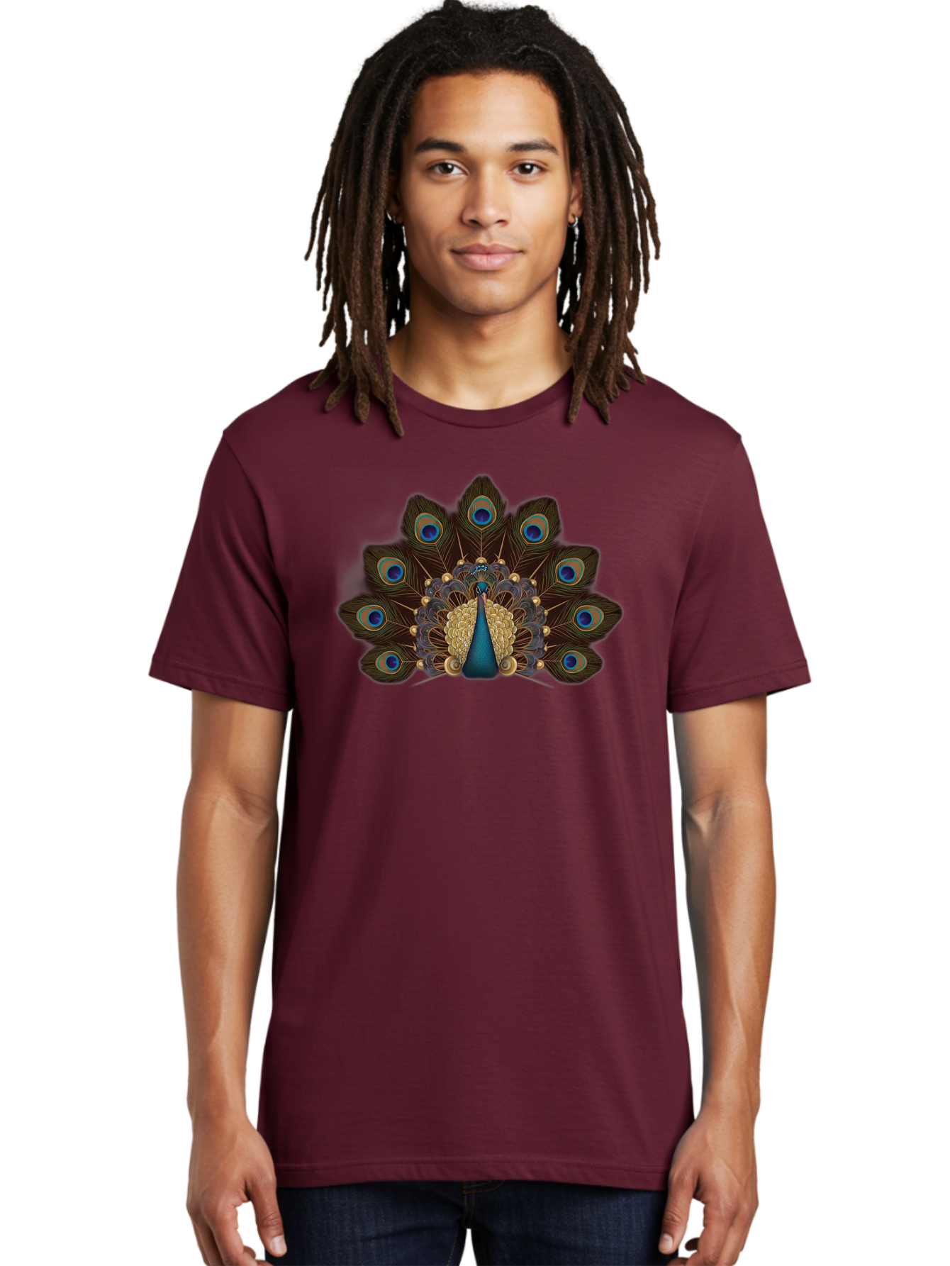 Peacock-Feather-Display Men'S Graphic Tee, 100% Cotton, Comfortable Casual Summer Wear, Machine Washable, Peacock, Bird, Feathers, Blue Eyes, Golden Plumage, Royal Bird, Majestic Creature, Intricate Details, Vibrant Colors, Exotic Beauty Bab118 16