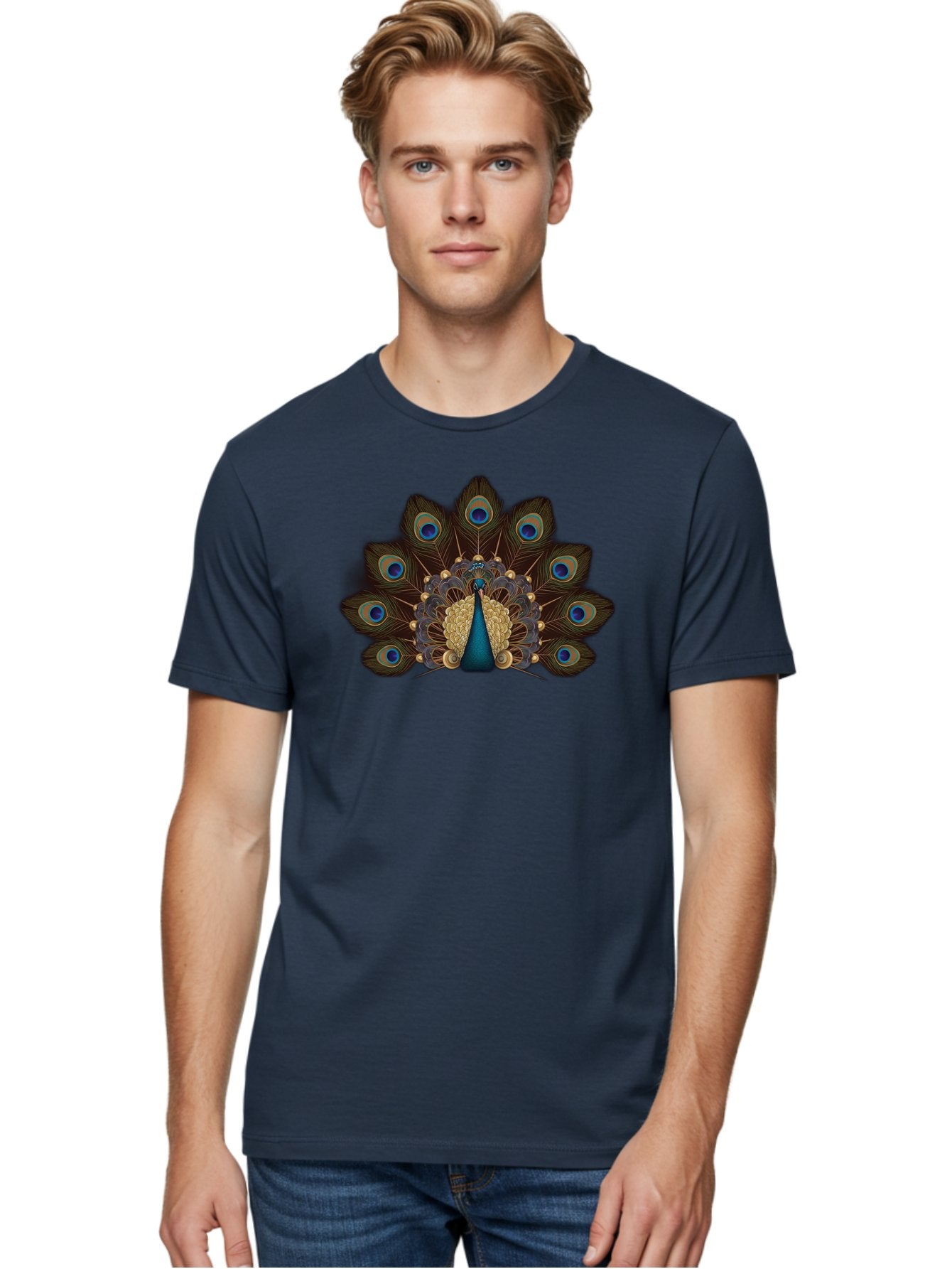 Peacock-Feather-Display Men'S Graphic Tee, 100% Cotton, Comfortable Casual Summer Wear, Machine Washable, Peacock, Bird, Feathers, Blue Eyes, Golden Plumage, Royal Bird, Majestic Creature, Intricate Details, Vibrant Colors, Exotic Beauty Bab118 28