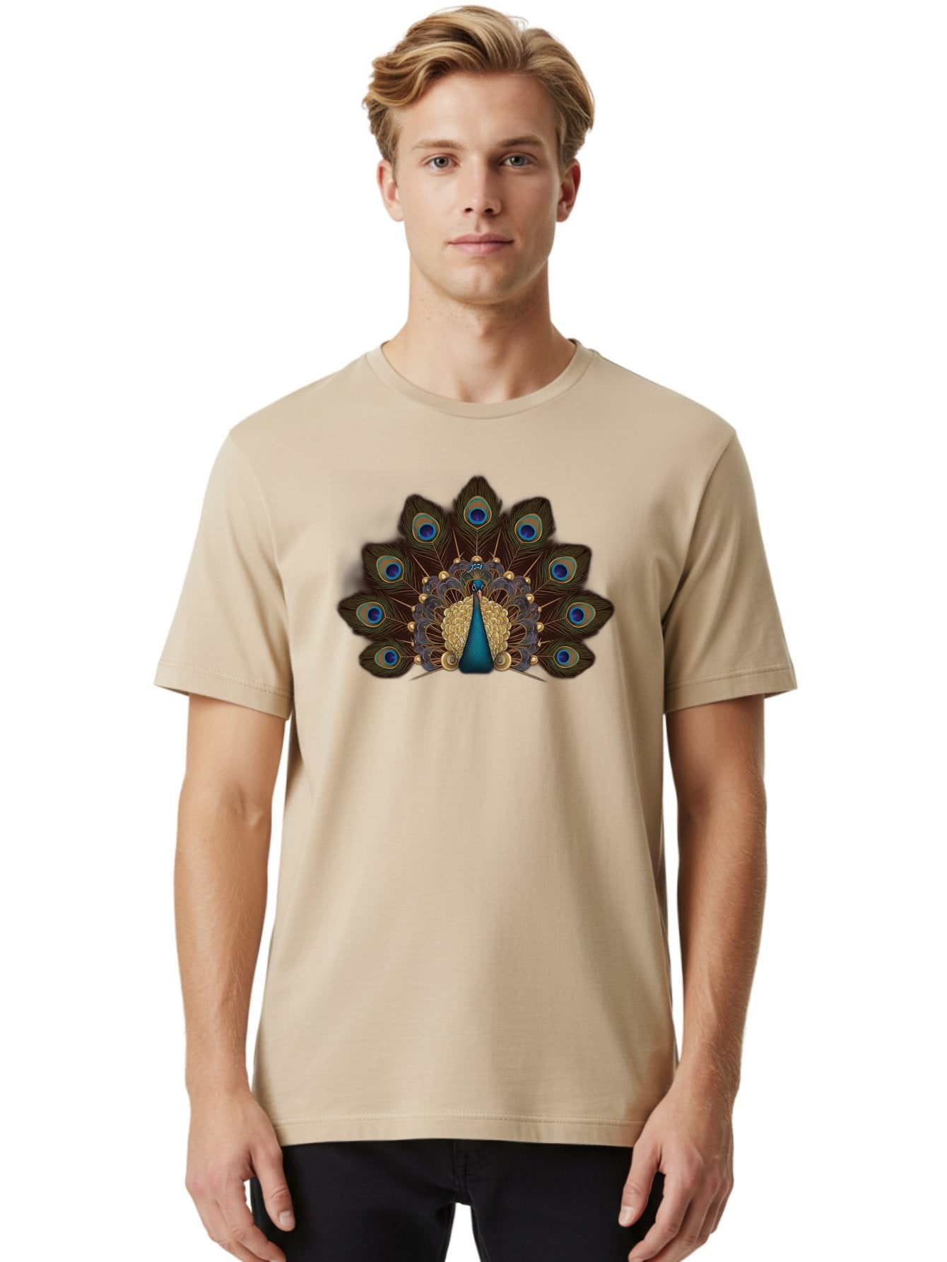 Peacock-Feather-Display Men'S Graphic Tee, 100% Cotton, Comfortable Casual Summer Wear, Machine Washable, Peacock, Bird, Feathers, Blue Eyes, Golden Plumage, Royal Bird, Majestic Creature, Intricate Details, Vibrant Colors, Exotic Beauty Bab118 16