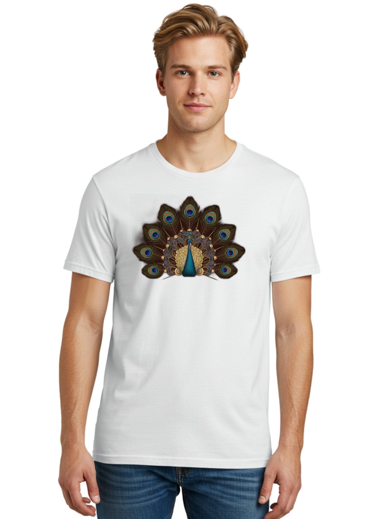 Peacock-Feather-Display Men'S Graphic Tee, 100% Cotton, Comfortable Casual Summer Wear, Machine Washable, Peacock, Bird, Feathers, Blue Eyes, Golden Plumage, Royal Bird, Majestic Creature, Intricate Details, Vibrant Colors, Exotic Beauty Bab118 30