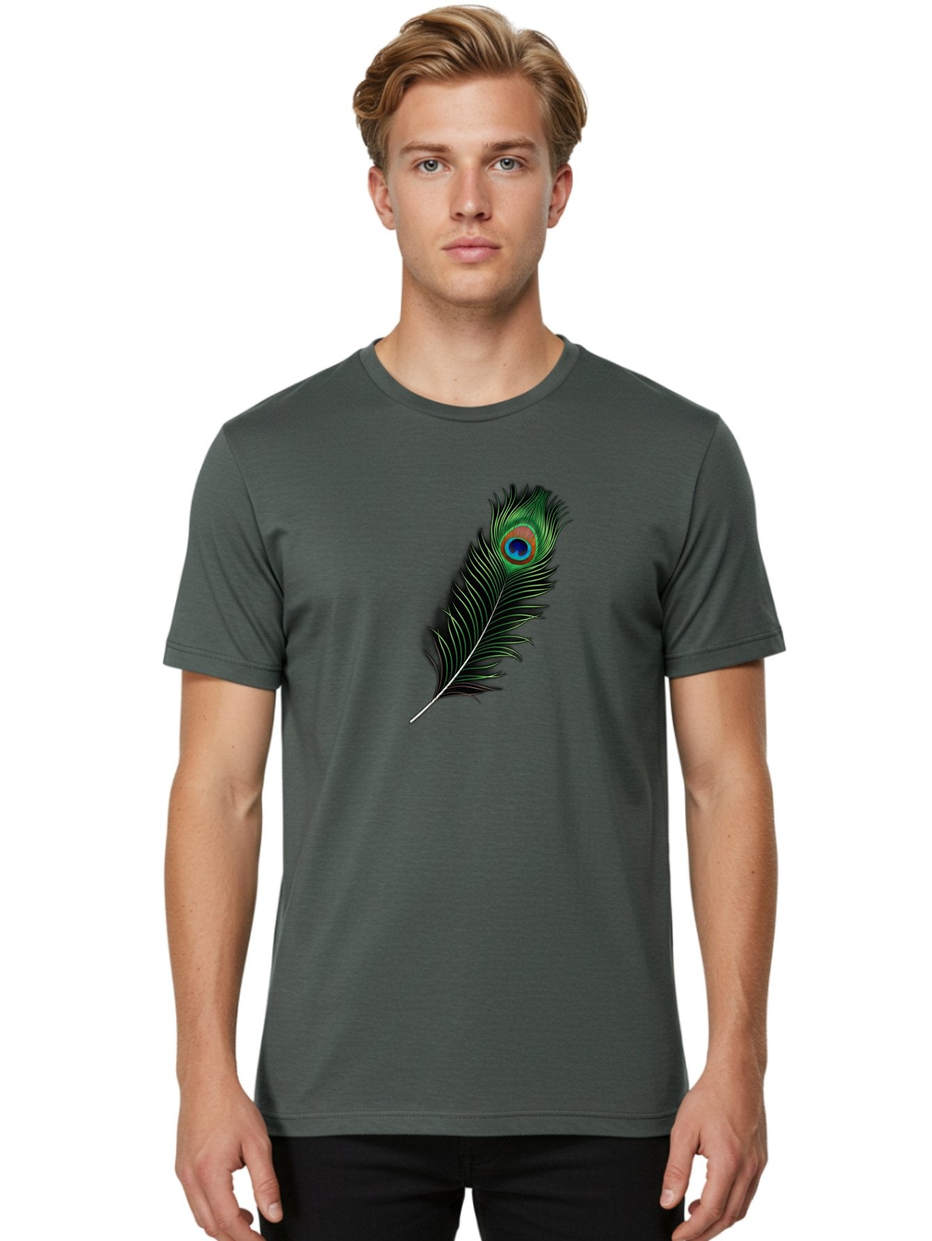 Peacock-Feather Men'S Graphic Tee, 100% Cotton, Comfortable Casual Summer Wear, Machine Washable, Peacock Feather, Bird Feather, Colorful Plumage, Vibrant Colors, Intricate Patterns, Natural Beauty, Symbolic Meaning, Ornamental Decoration, Bab119 28