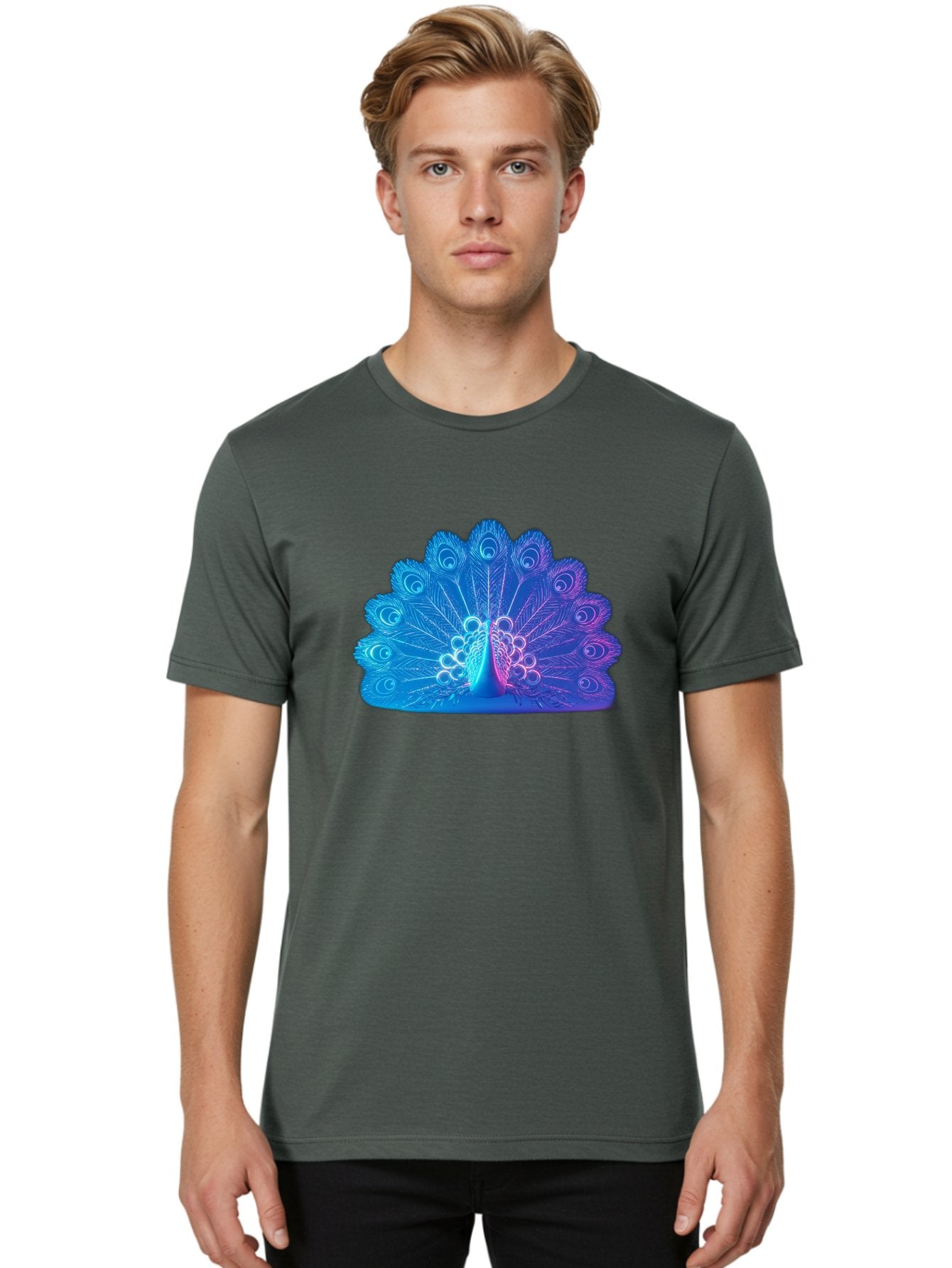 Peacock-Feathers-1 Men'S Graphic Tee, 100% Cotton, Comfortable Casual Summer Wear, Machine Washable, Peacock Feather, Vibrant Colors, Blue And Purple Hues, Intricate Details, Swirling Patterns, Majestic Display, Exotic Bird, Colorful Plumage, Bab120 25