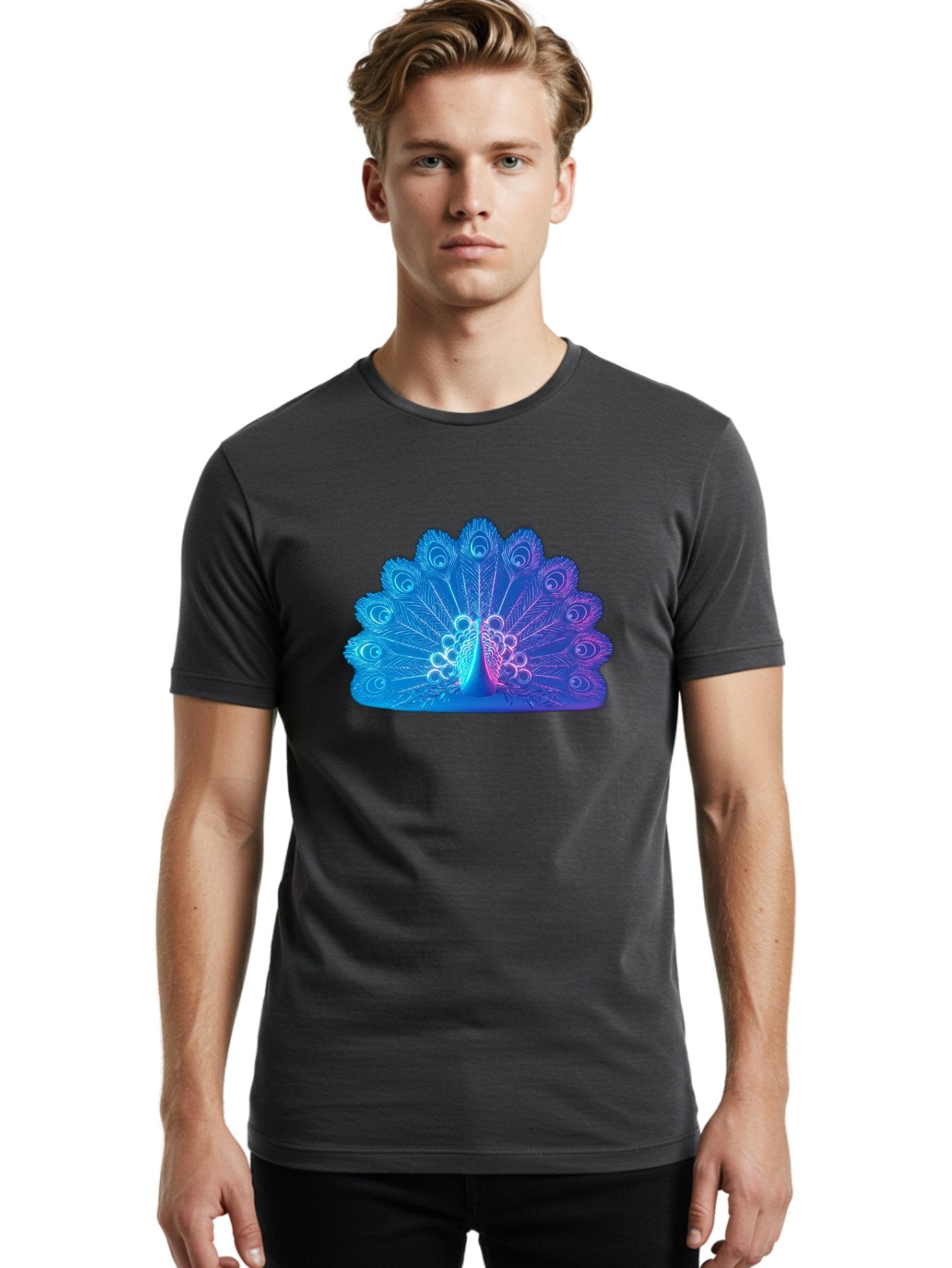 Peacock-Feathers-1 Men'S Graphic Tee, 100% Cotton, Comfortable Casual Summer Wear, Machine Washable, Peacock Feather, Vibrant Colors, Blue And Purple Hues, Intricate Details, Swirling Patterns, Majestic Display, Exotic Bird, Colorful Plumage, Bab120 28
