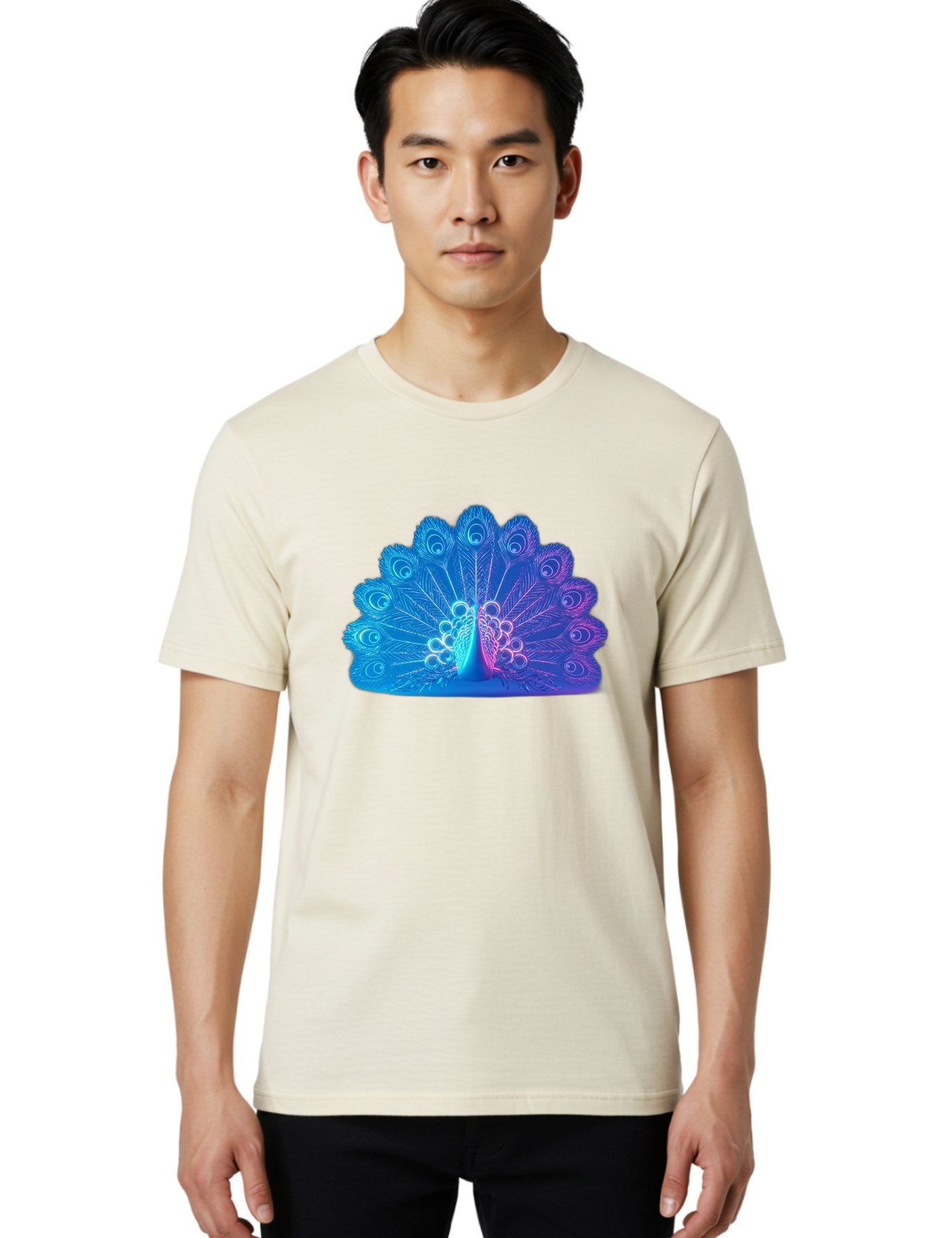 Peacock-Feathers-1 Men'S Graphic Tee, 100% Cotton, Comfortable Casual Summer Wear, Machine Washable, Peacock Feather, Vibrant Colors, Blue And Purple Hues, Intricate Details, Swirling Patterns, Majestic Display, Exotic Bird, Colorful Plumage, Bab120 23