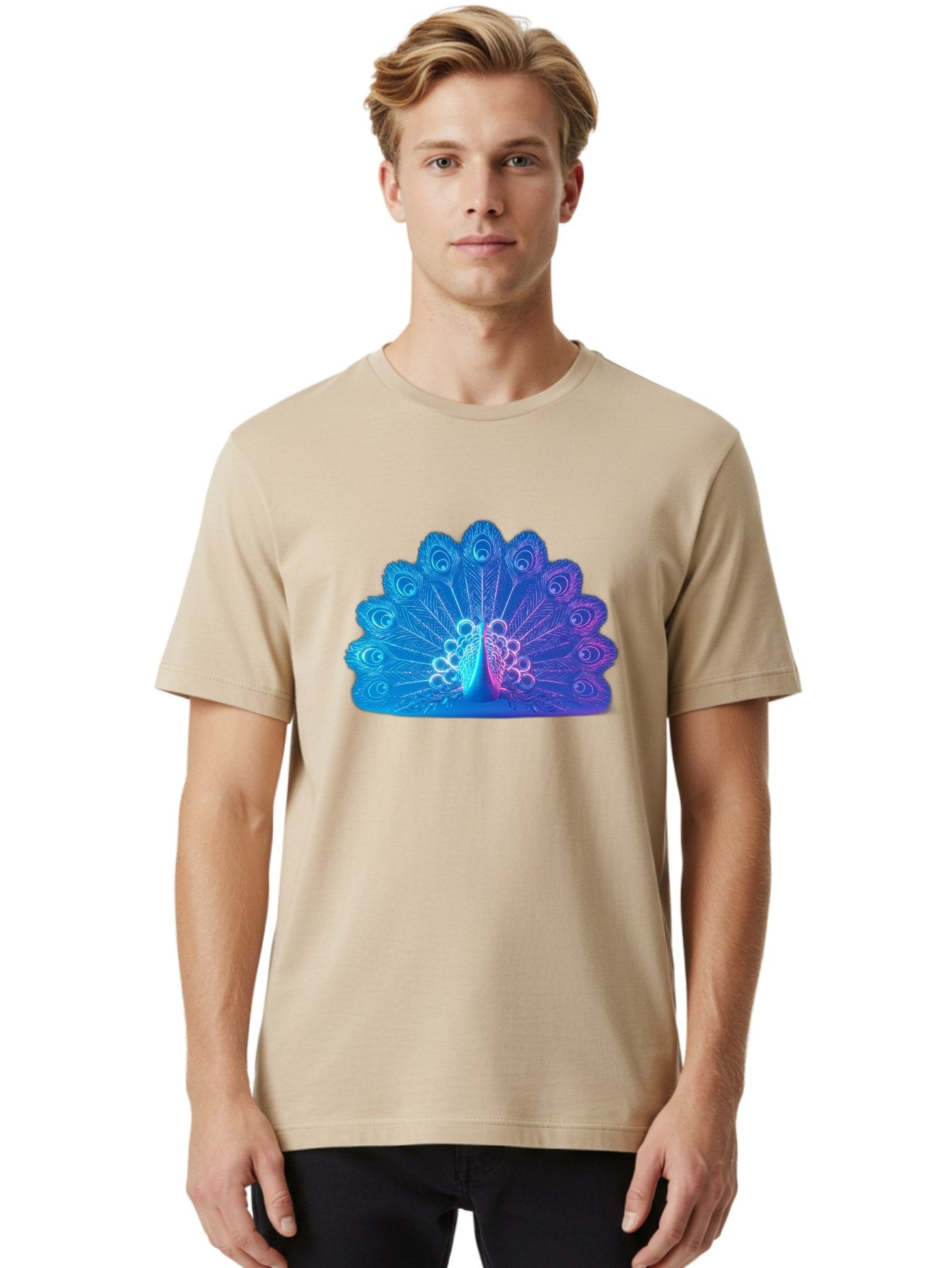 Peacock-Feathers-1 Men'S Graphic Tee, 100% Cotton, Comfortable Casual Summer Wear, Machine Washable, Peacock Feather, Vibrant Colors, Blue And Purple Hues, Intricate Details, Swirling Patterns, Majestic Display, Exotic Bird, Colorful Plumage, Bab120 18